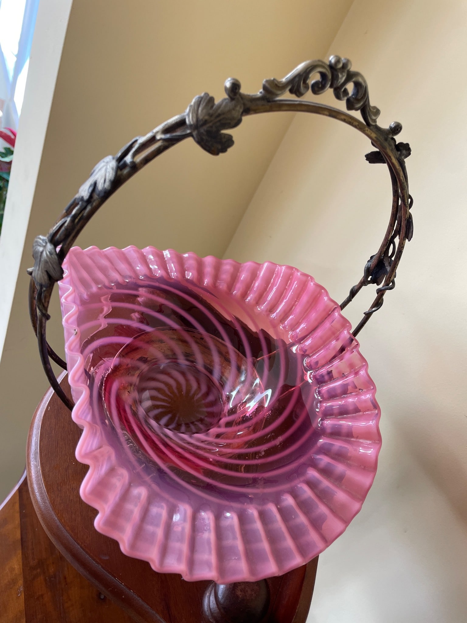 Pink Glass Bride's Basket with Hard White Metal Frame, Model No. 827 - 2