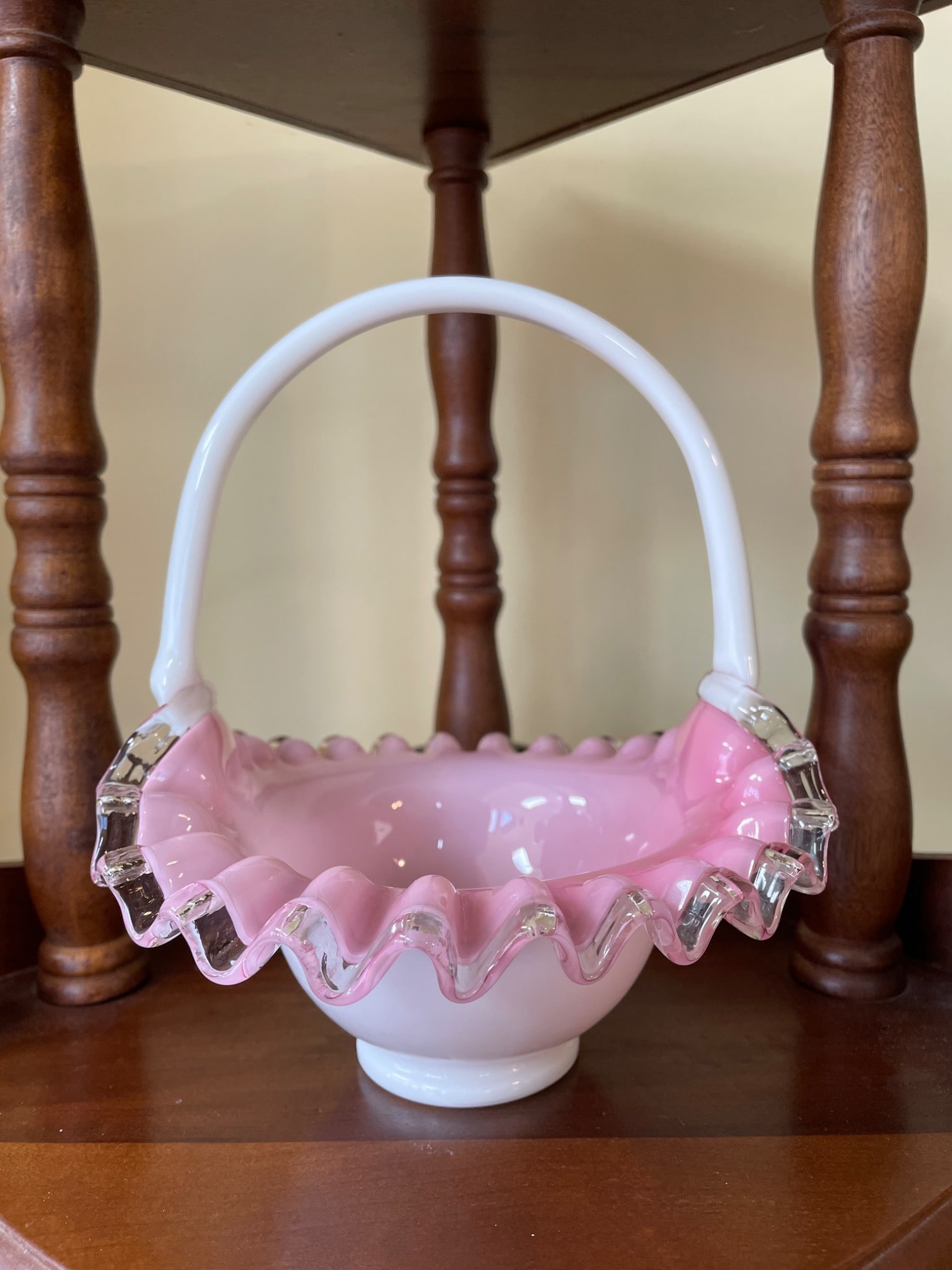 Handcrafted White and Pink Ruffled Glass Basket With Clear Trim - 2
