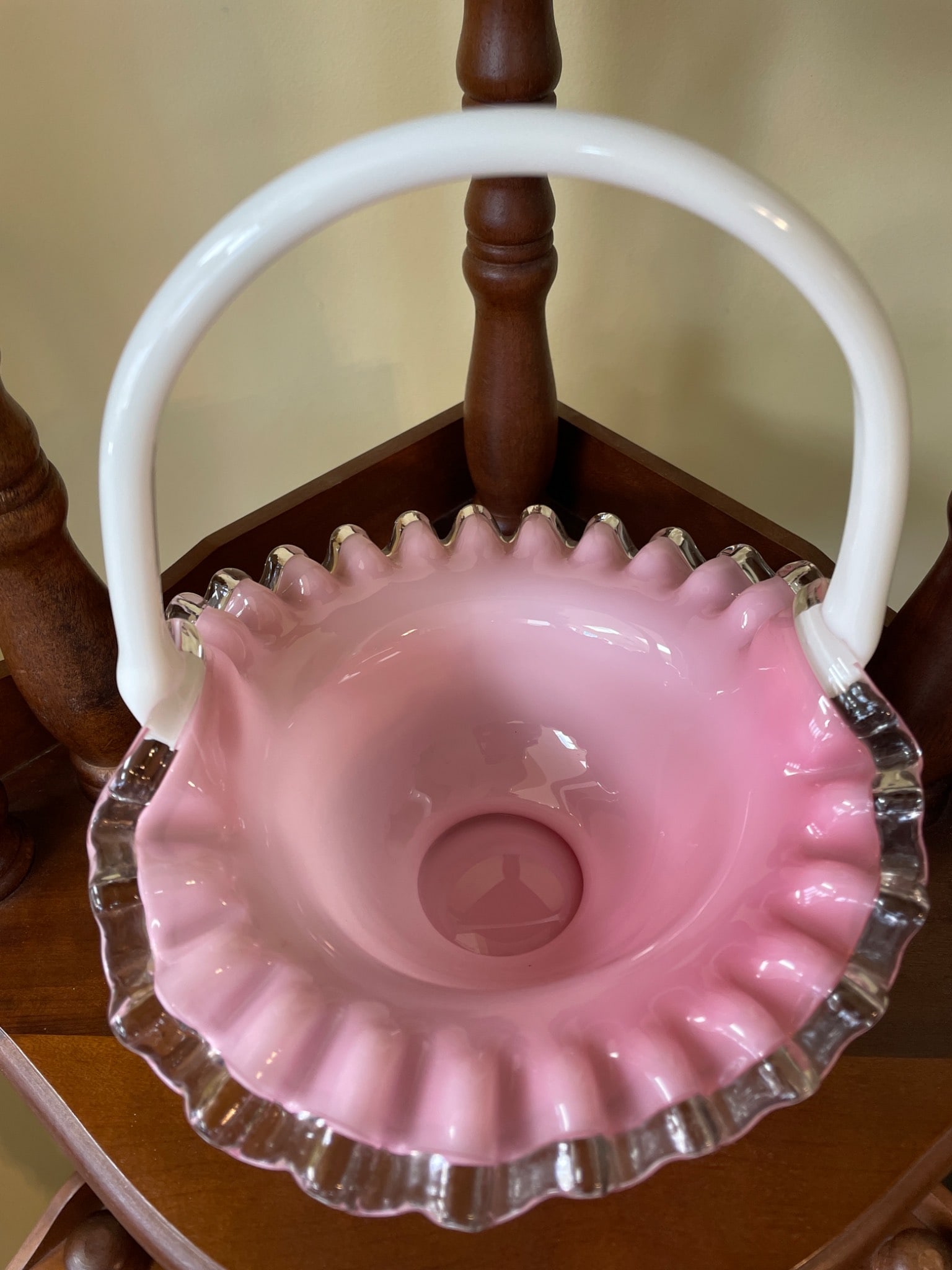 Handcrafted White and Pink Ruffled Glass Basket With Clear Trim - 3