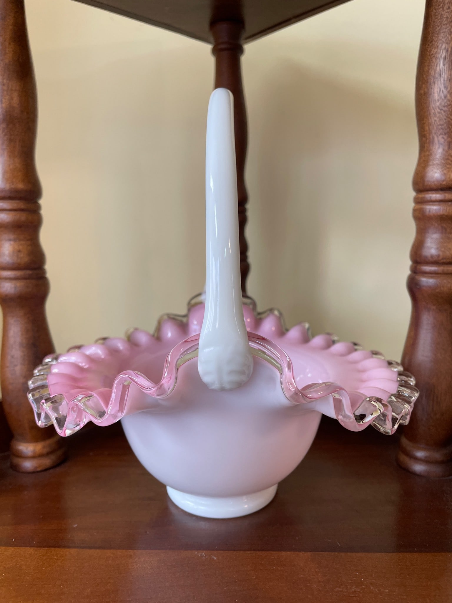 Handcrafted White and Pink Ruffled Glass Basket With Clear Trim - 4