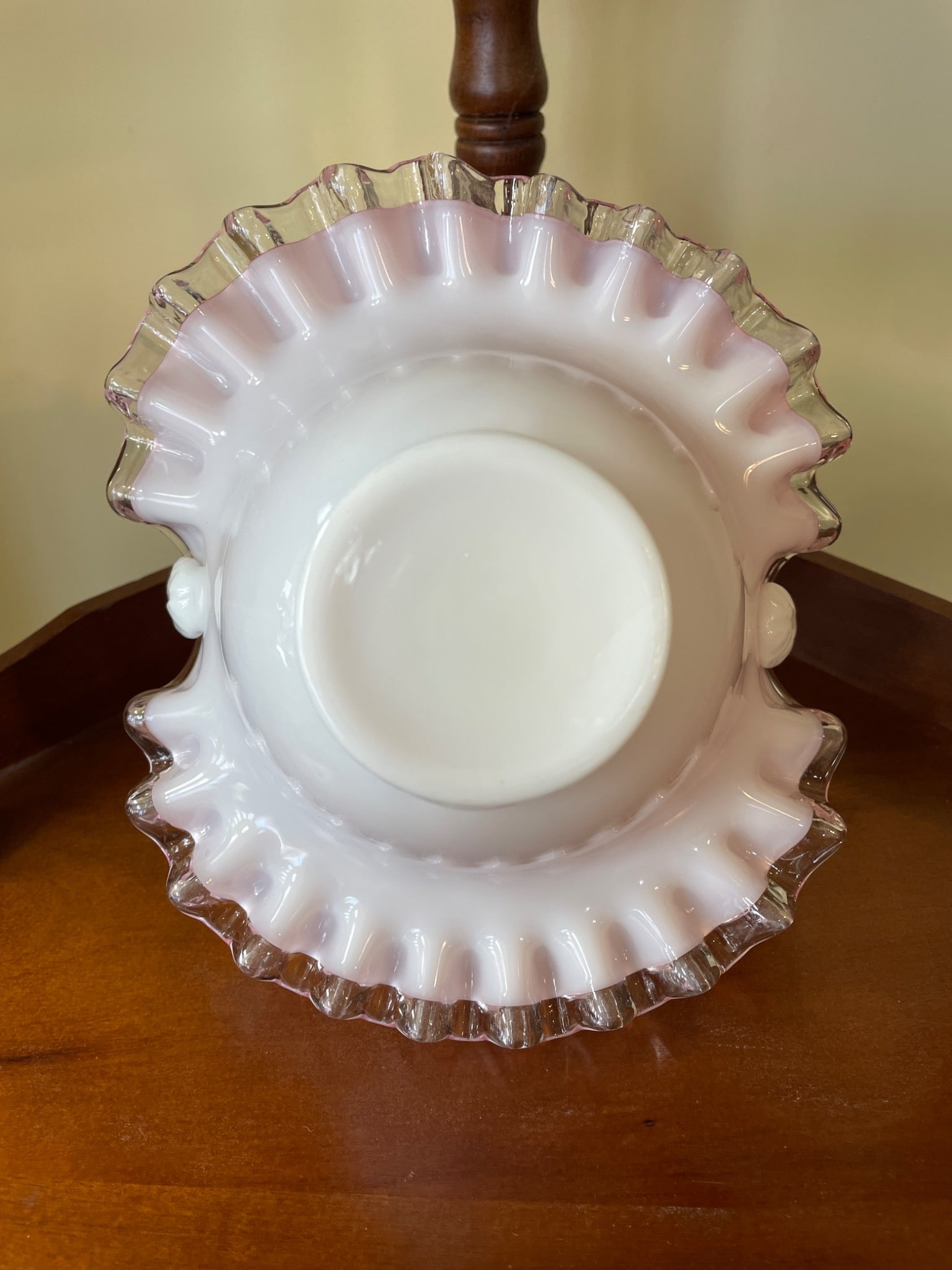 Handcrafted White and Pink Ruffled Glass Basket With Clear Trim - 5