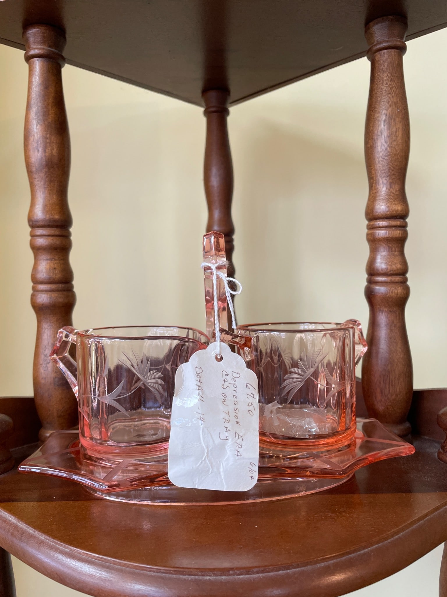Depression Glass Pink Creamer and Sugar Set with Tray - 2