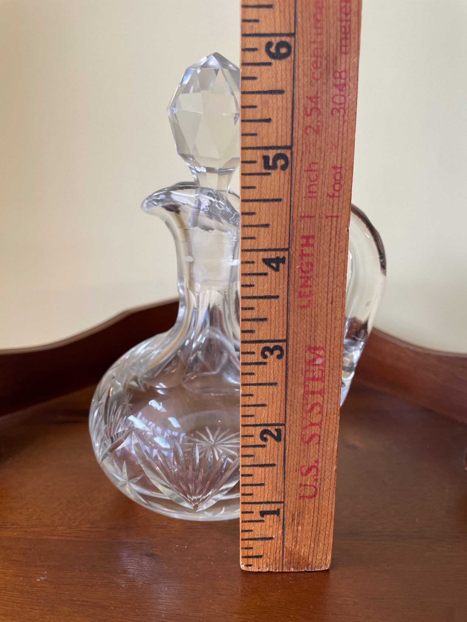 Clear Glass Cruet with Faceted Stopper and Etched Design - 7