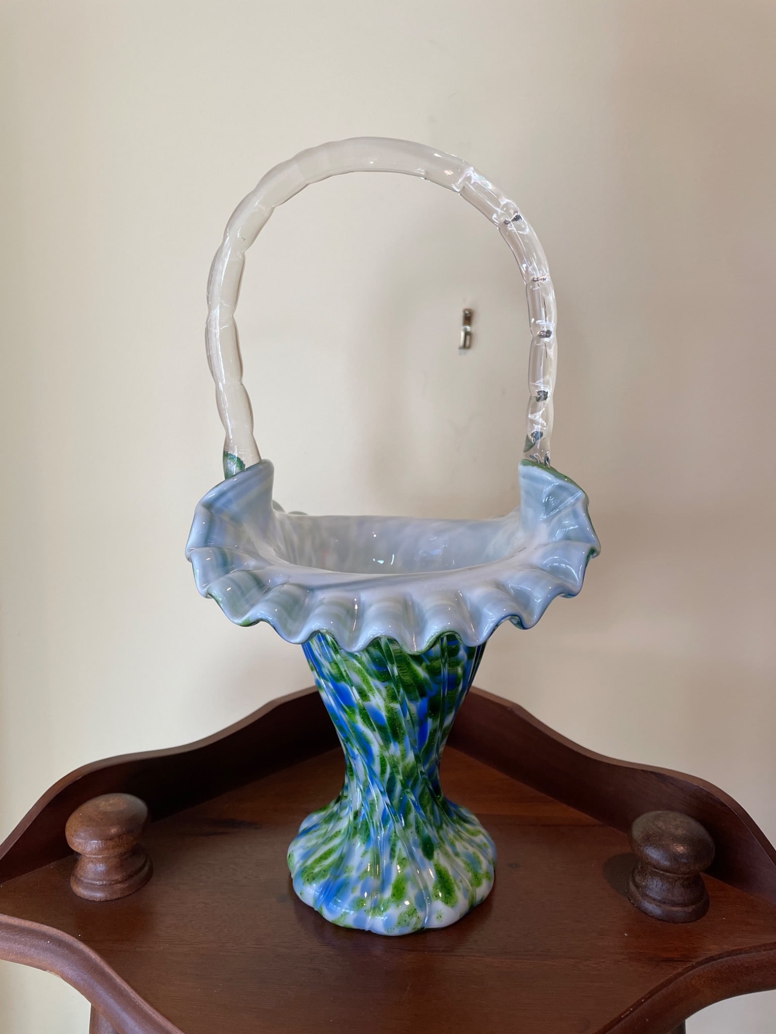Handcrafted Blown Glass Basket with Ruffled Rim and Twisted Clear Handle - 3