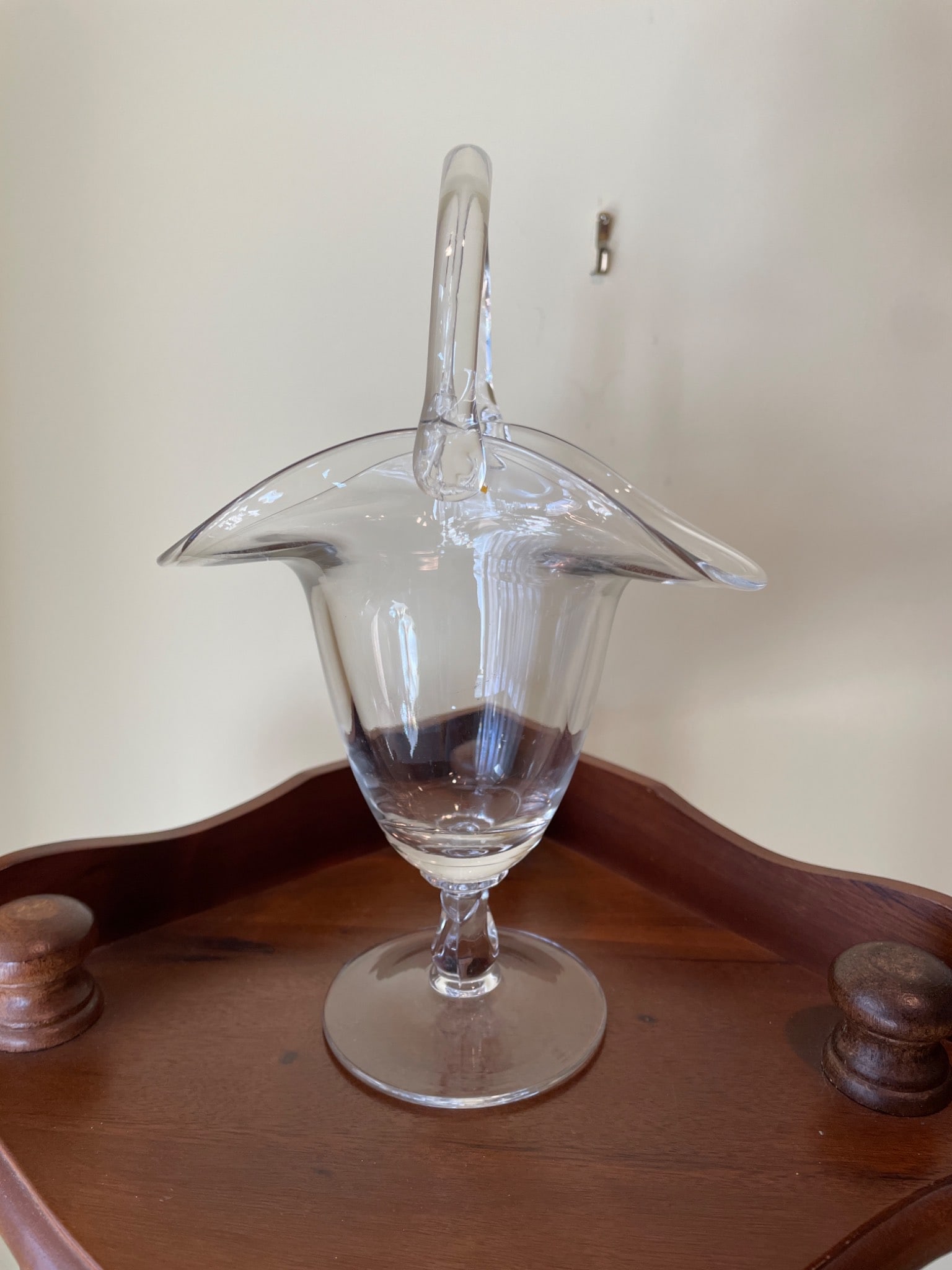 Clear Glass Pedestal Basket With Twisted Stem and Applied Handle - 2