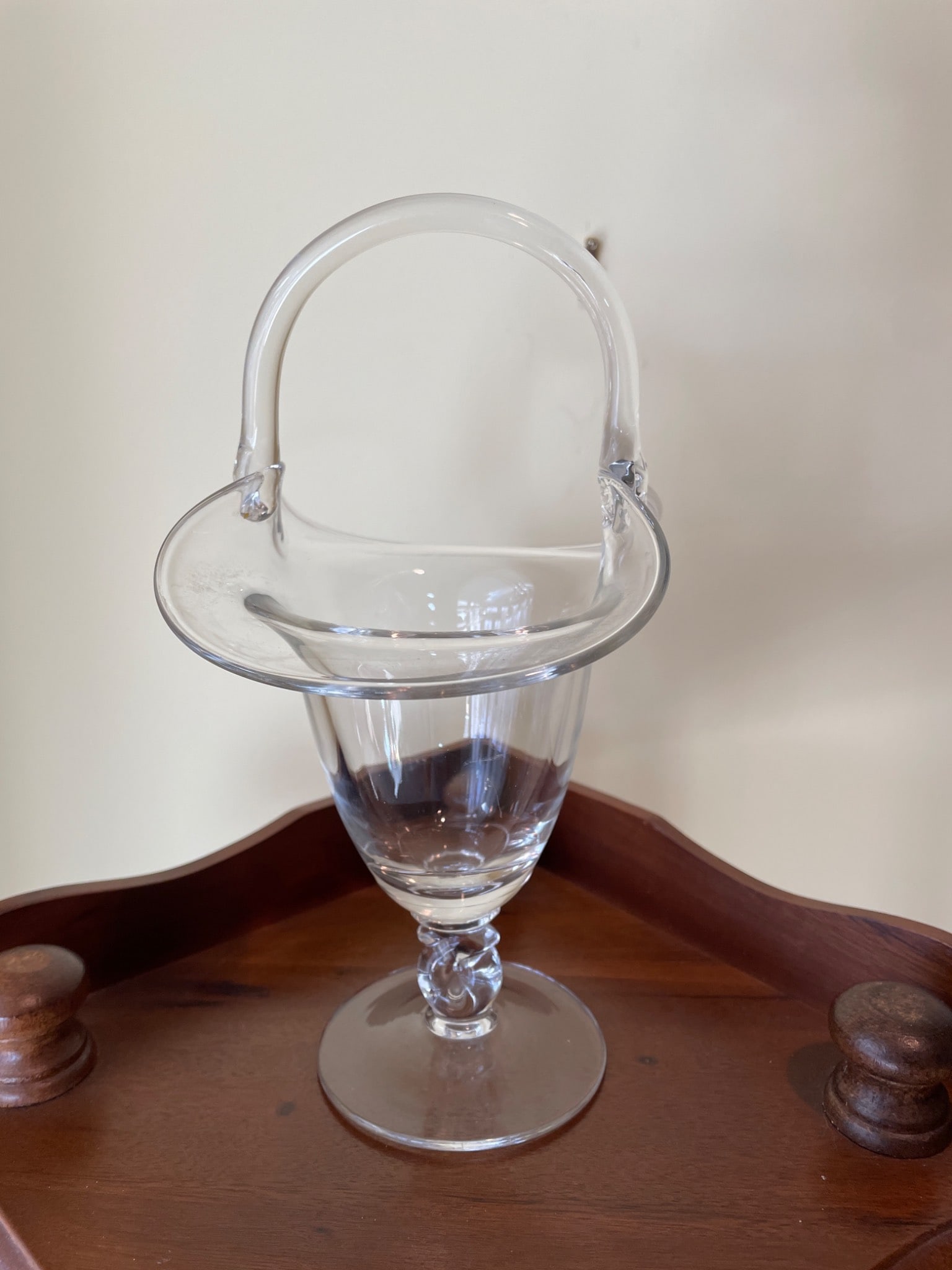 Clear Glass Pedestal Basket With Twisted Stem and Applied Handle - 3
