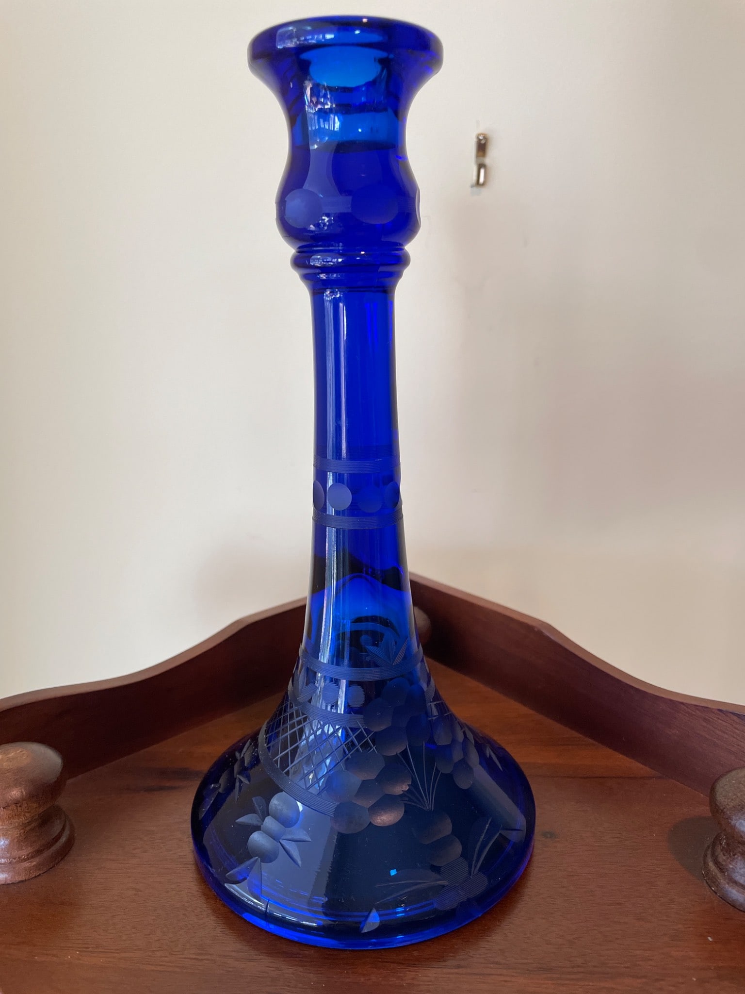 Cobalt Blue Glass Candlestick with Etched Floral Design, Approximately 11 Inches Tall - 2