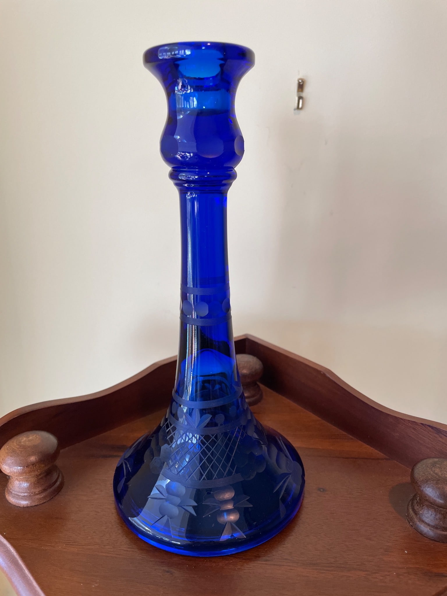Cobalt Blue Glass Candlestick with Etched Floral Design, Approximately 11 Inches Tall - 3