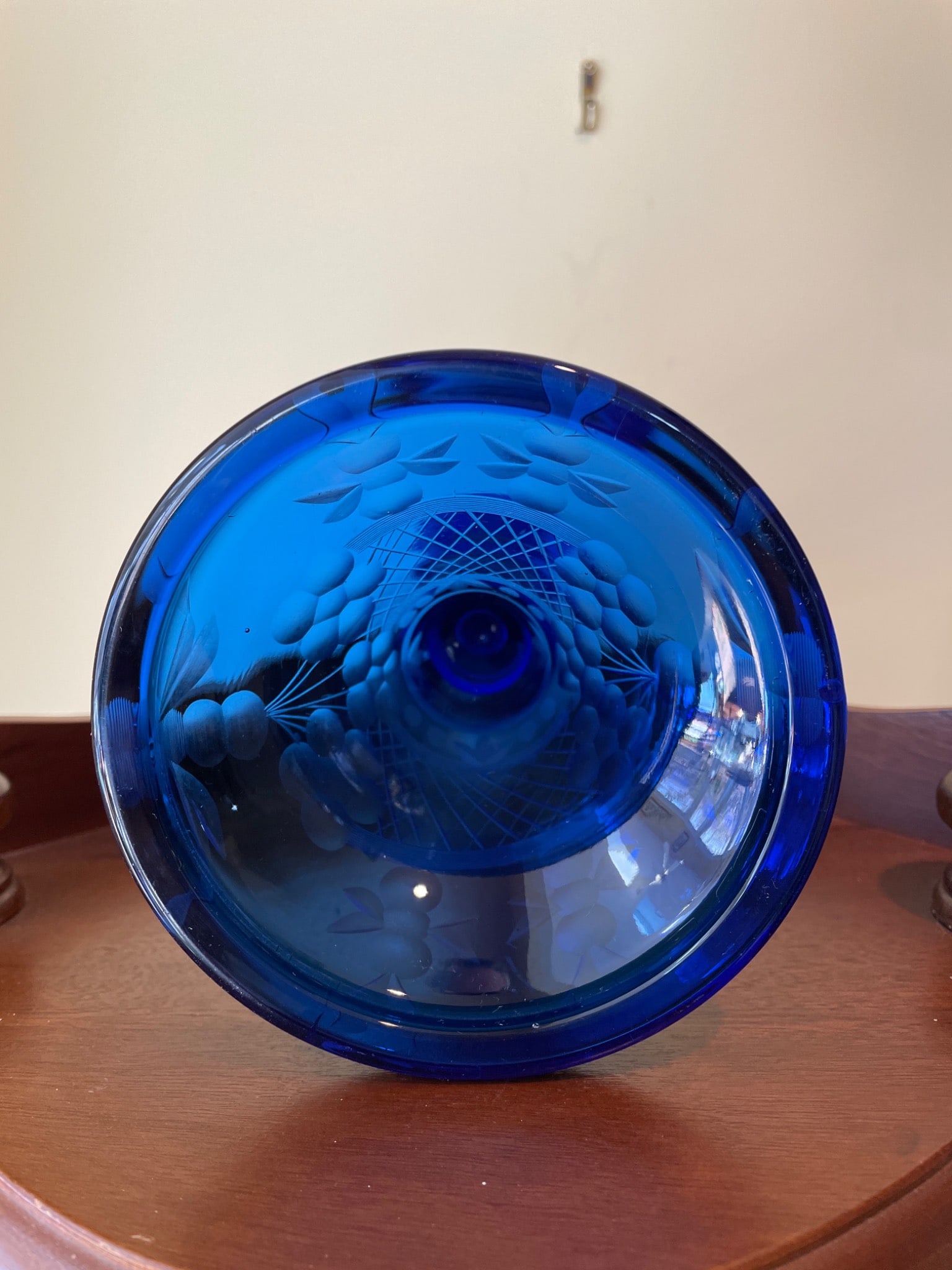 Cobalt Blue Glass Candlestick with Etched Floral Design, Approximately 11 Inches Tall - 4