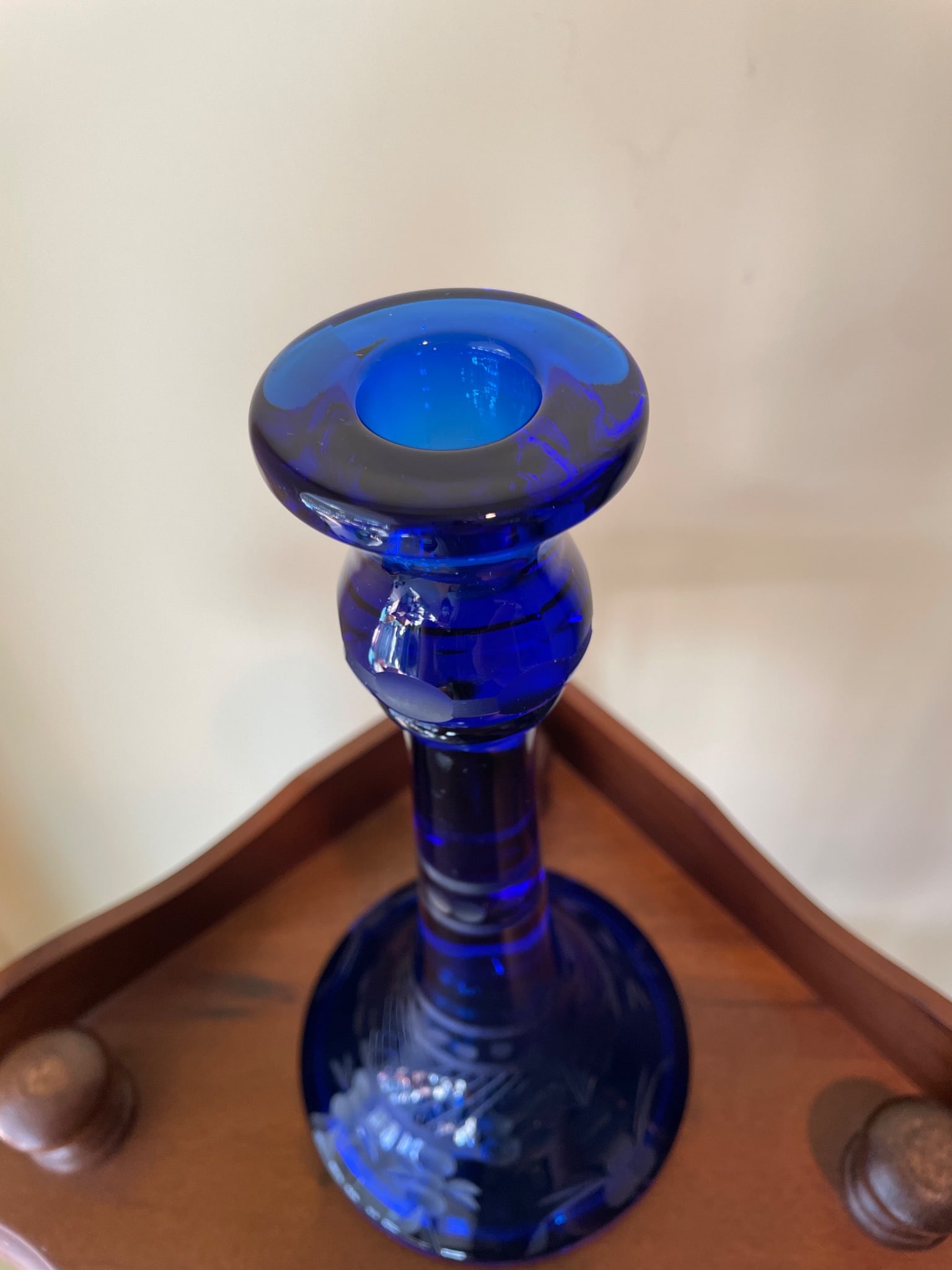 Cobalt Blue Glass Candlestick with Etched Floral Design, Approximately 11 Inches Tall - 5