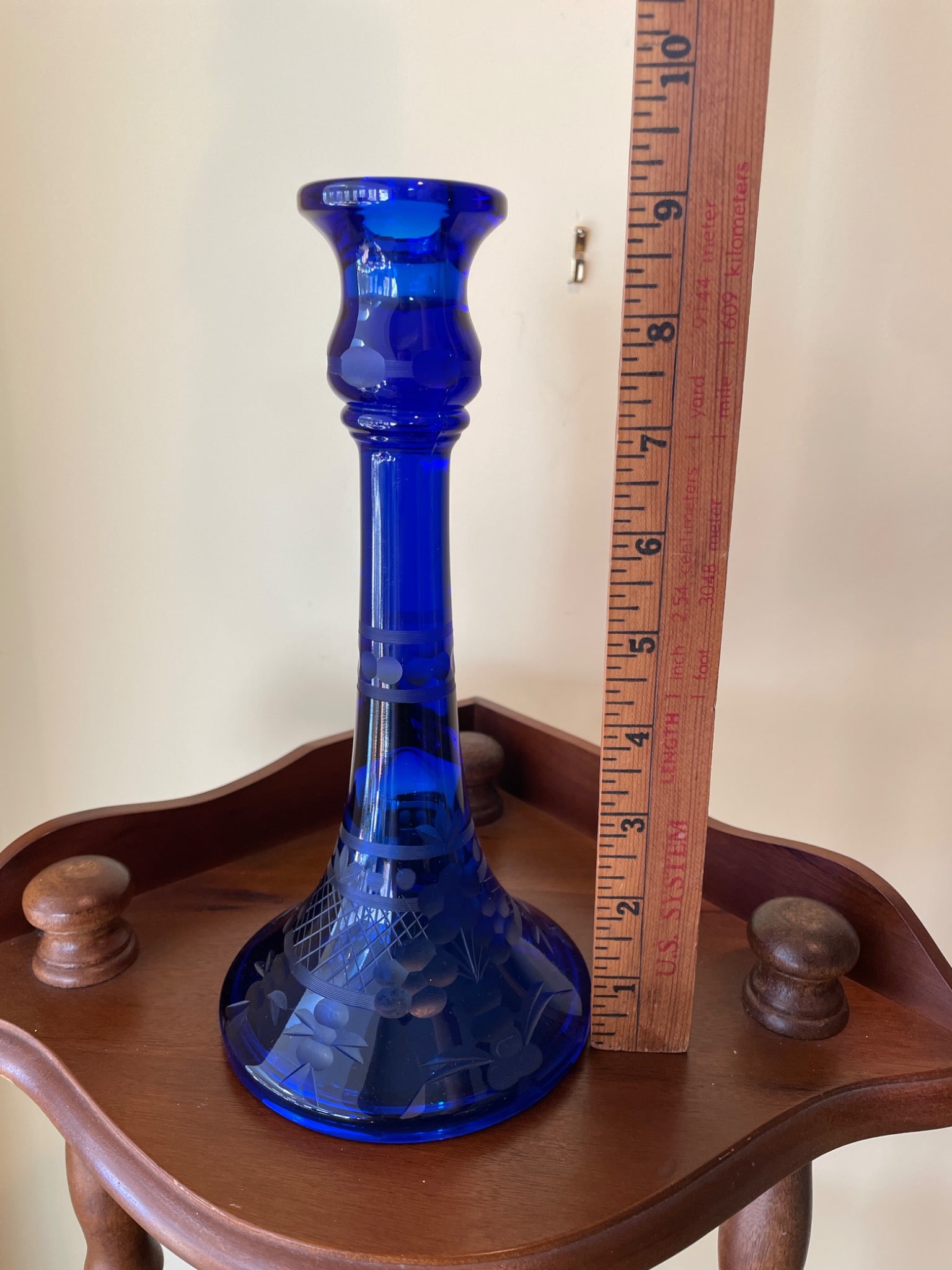 Cobalt Blue Glass Candlestick with Etched Floral Design, Approximately 11 Inches Tall - 6