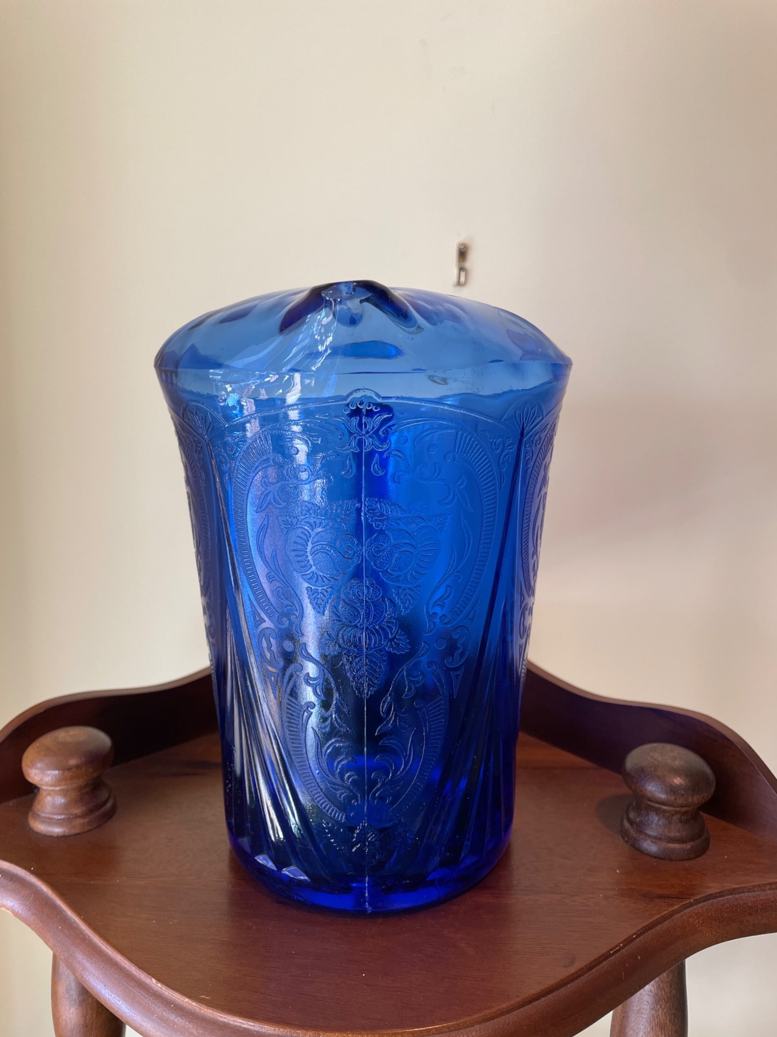 Cobalt Blue Glass Pitcher with Embossed Design and Scalloped Base - 2
