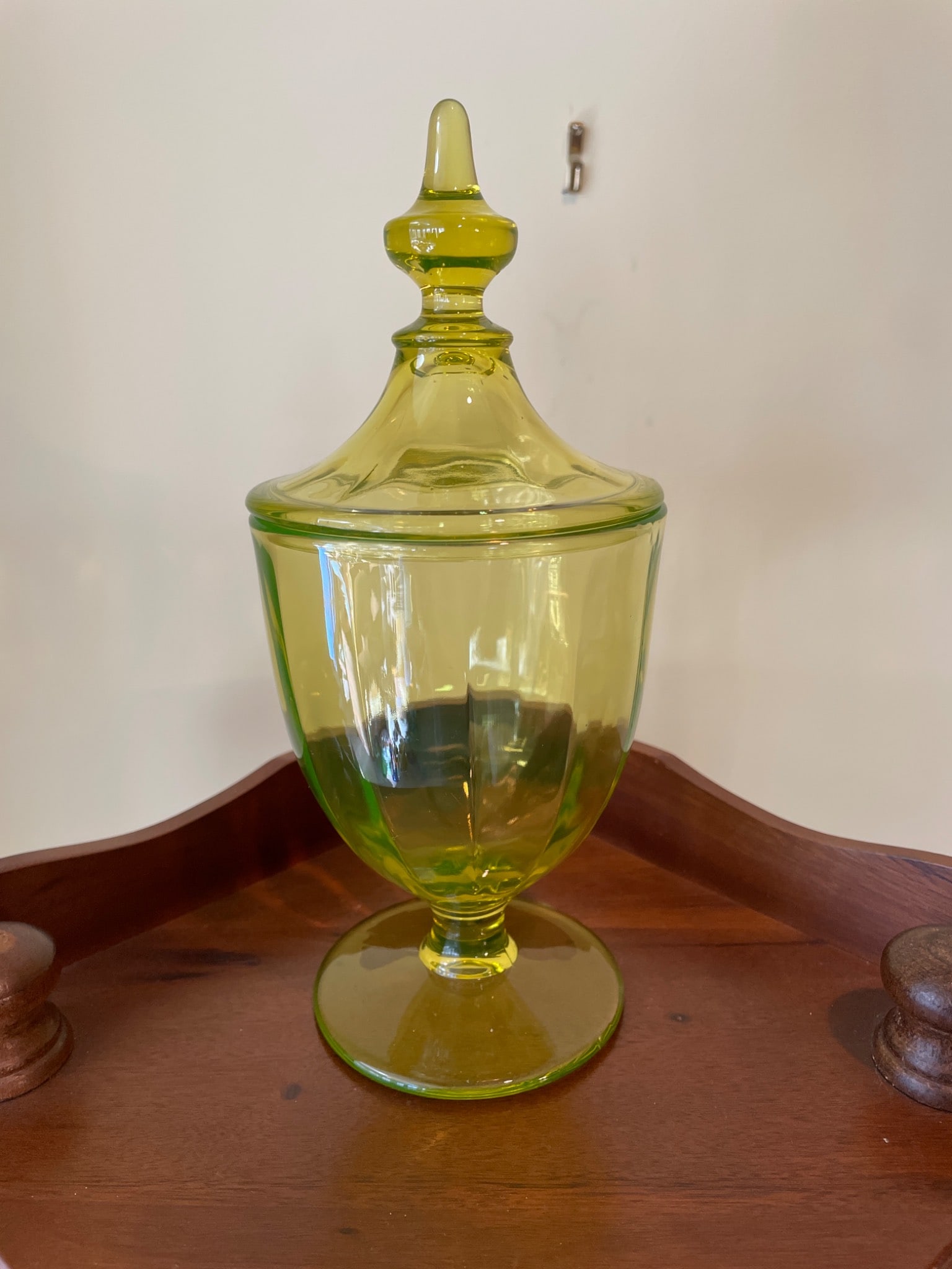 Green Glass Candy Dish with Lid and Pedestal Base - 8 Inches Tall - 2