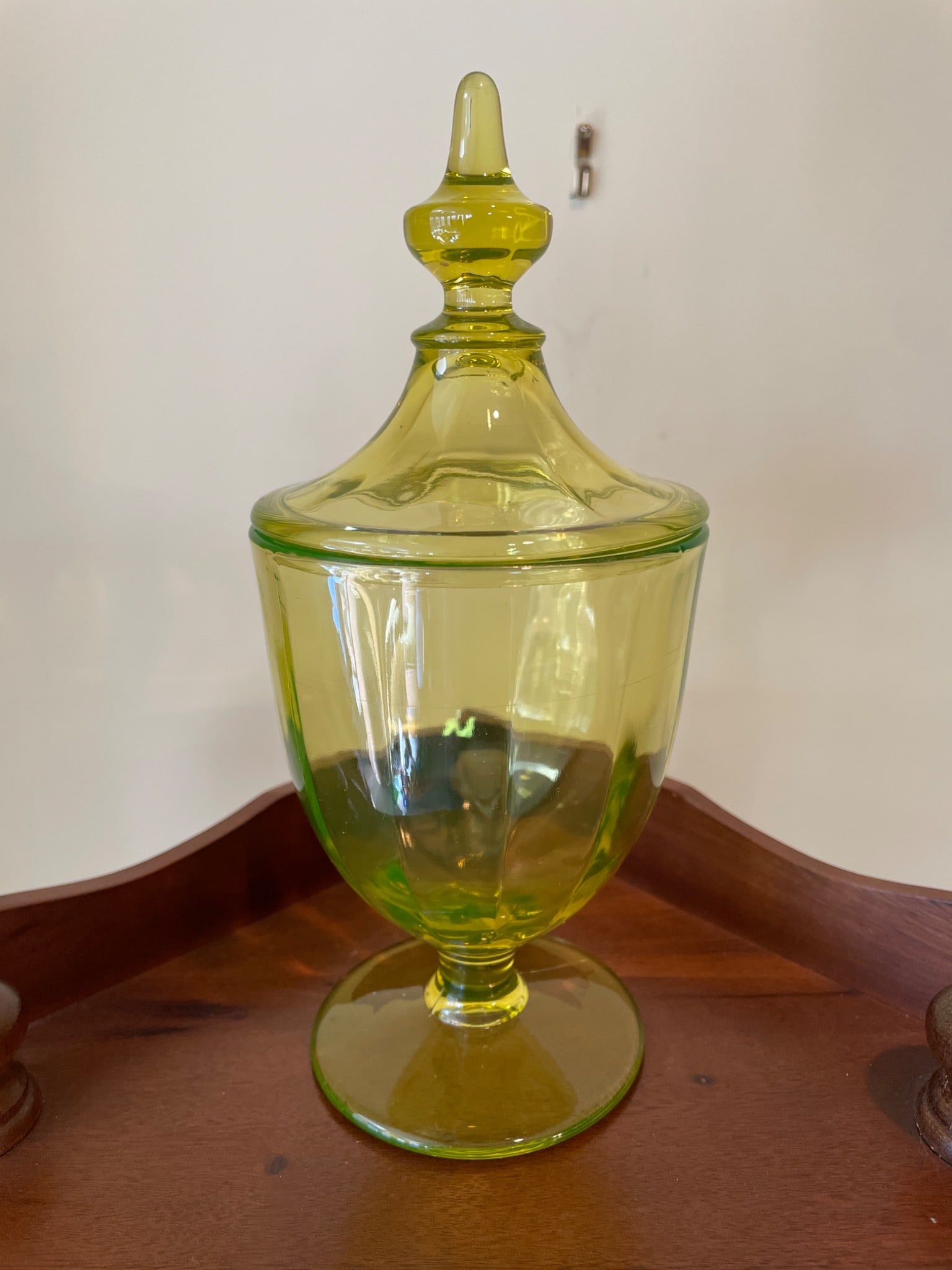 Green Glass Candy Dish with Lid and Pedestal Base - 8 Inches Tall - 3