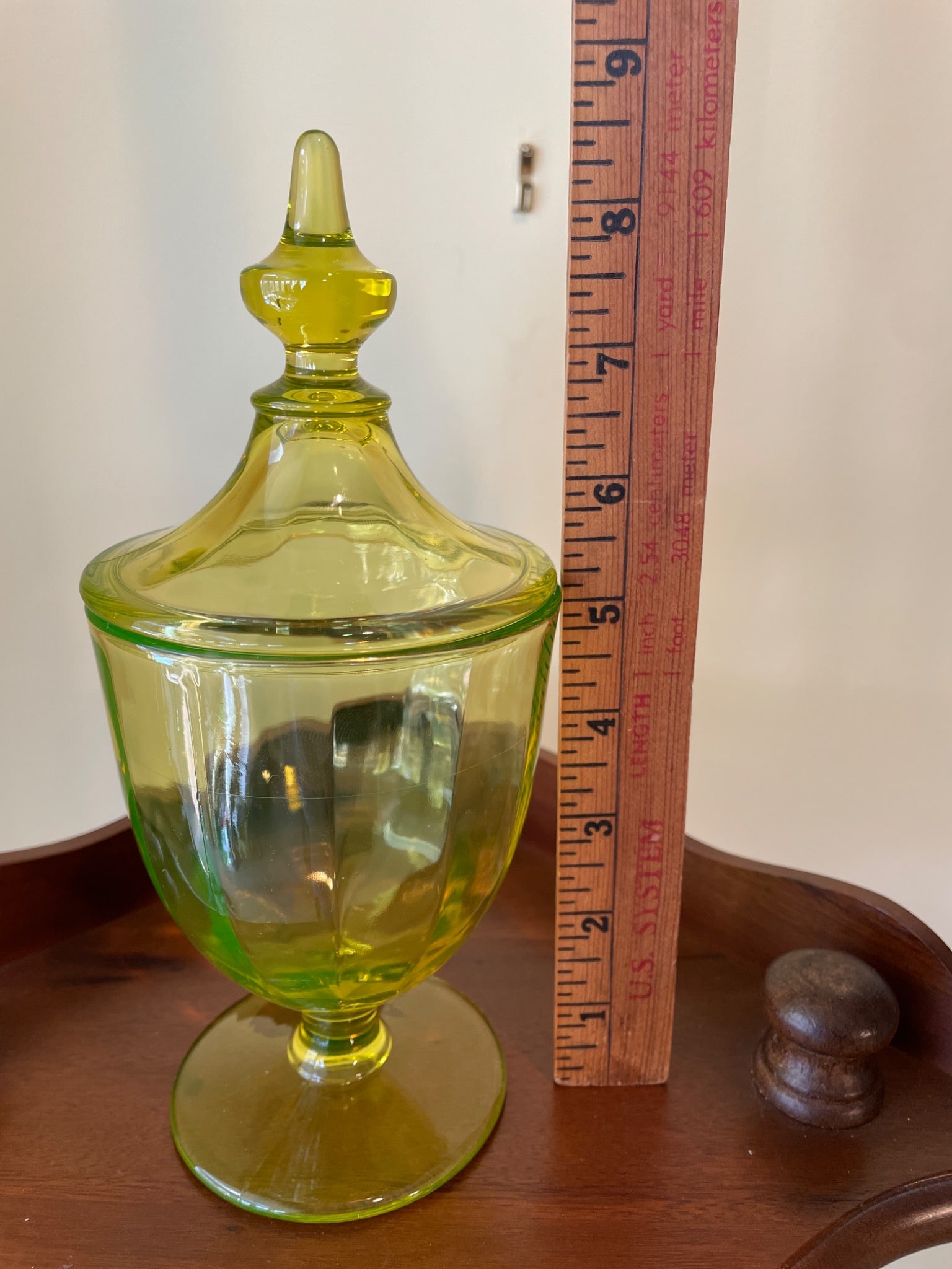 Green Glass Candy Dish with Lid and Pedestal Base - 8 Inches Tall - 6