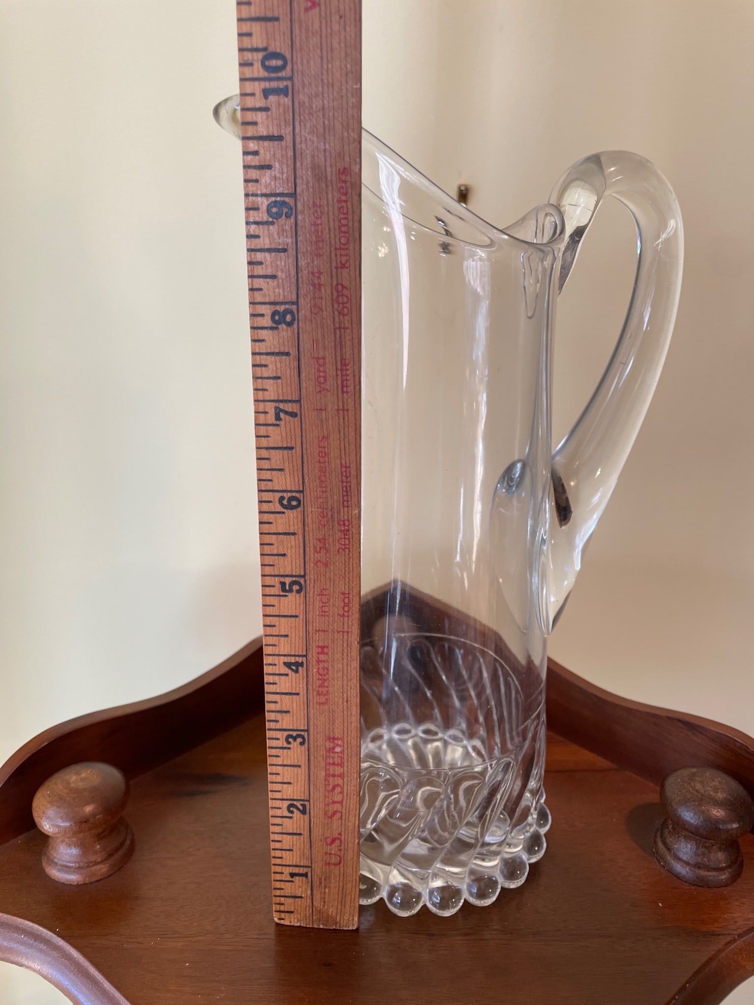 Clear Glass Pitcher With Beaded Base and Swirled Design, Approx. 12 Inches Tall - 5