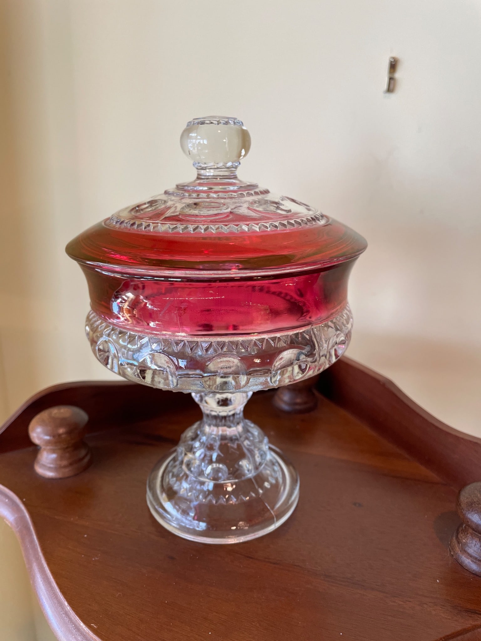 Red and Clear Glass Lidded Pedestal Candy Dish with Decorative Patterns - 2