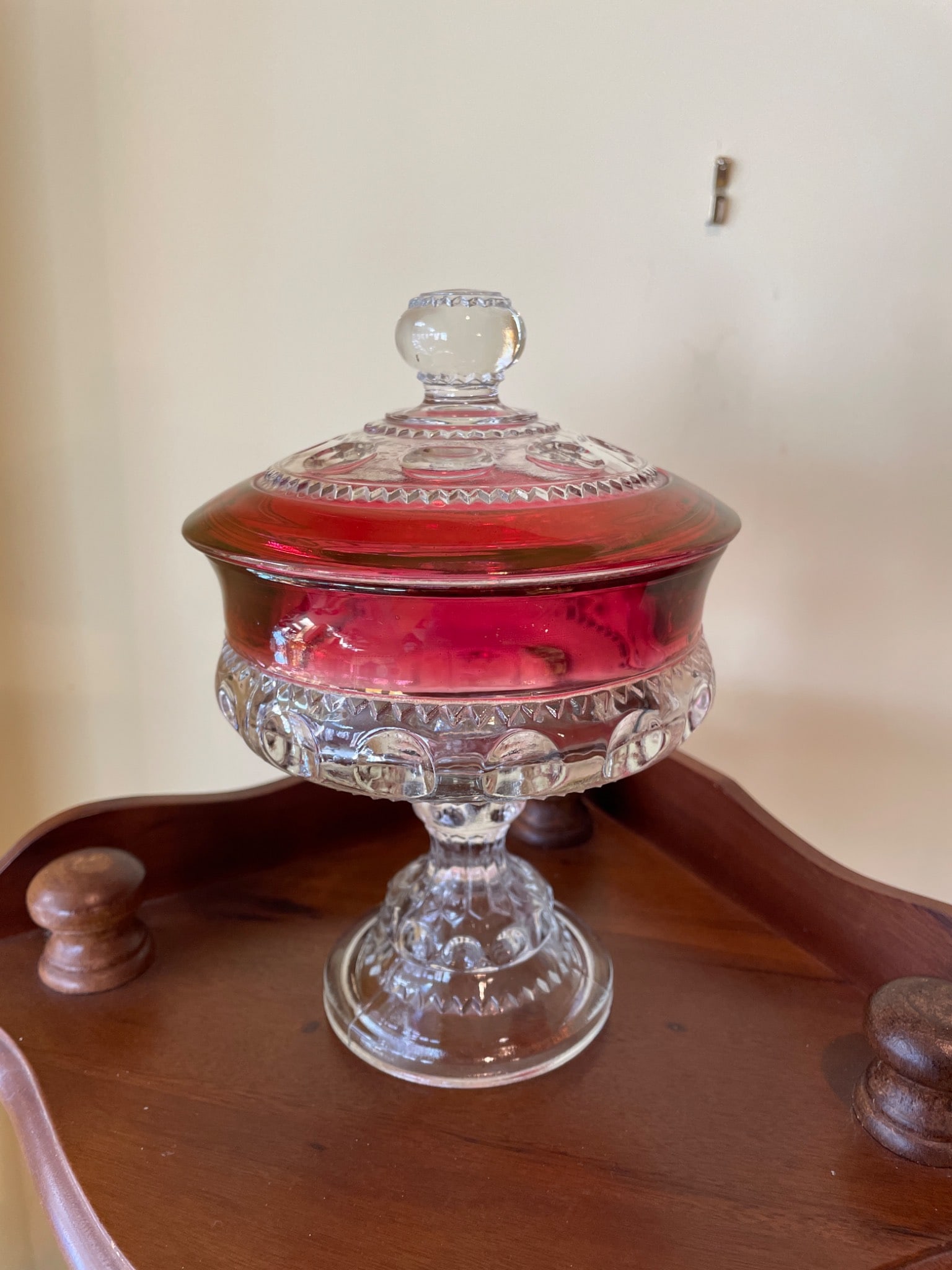 Red and Clear Glass Lidded Pedestal Candy Dish with Decorative Patterns - 3
