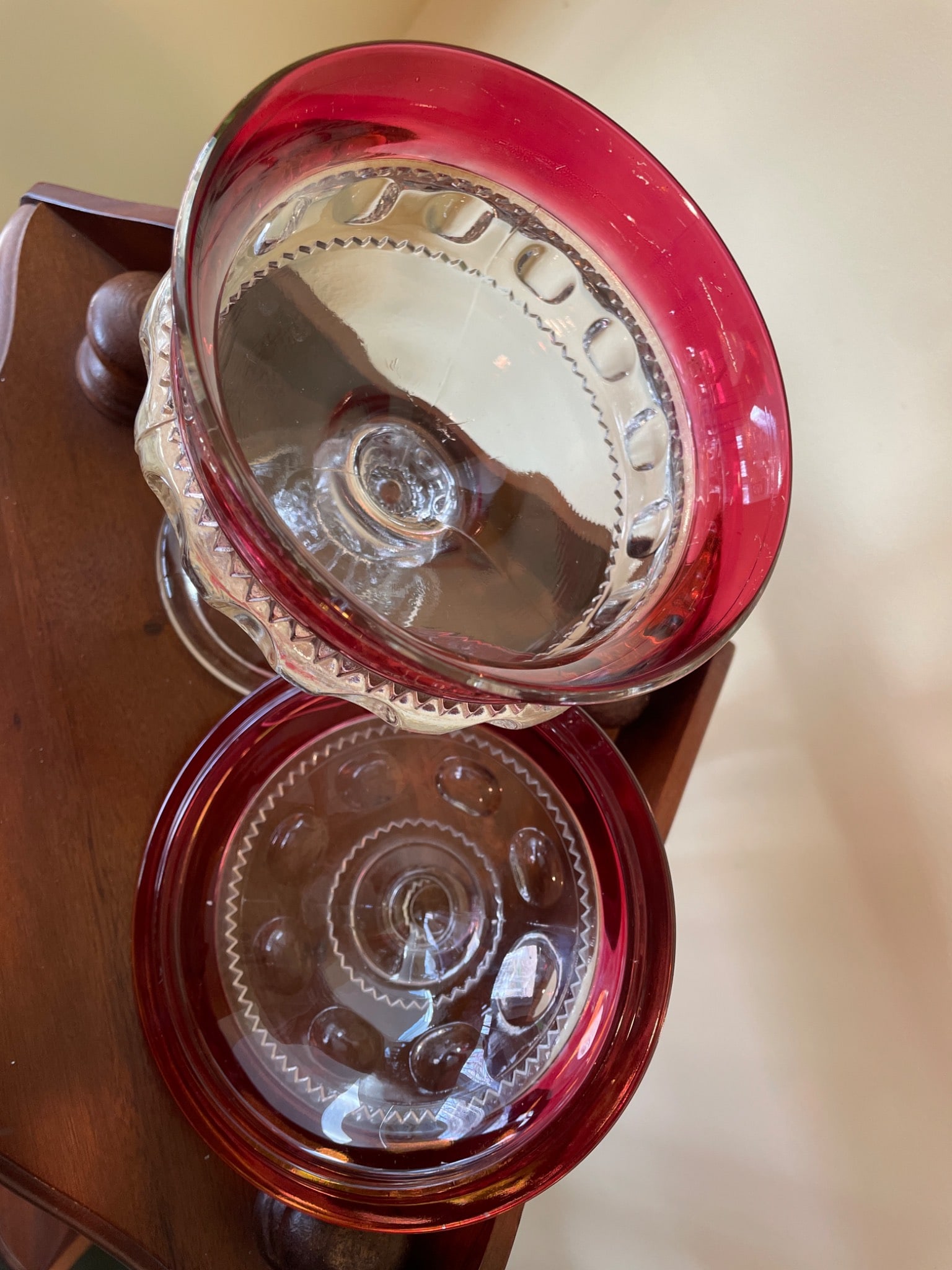 Red and Clear Glass Lidded Pedestal Candy Dish with Decorative Patterns - 4