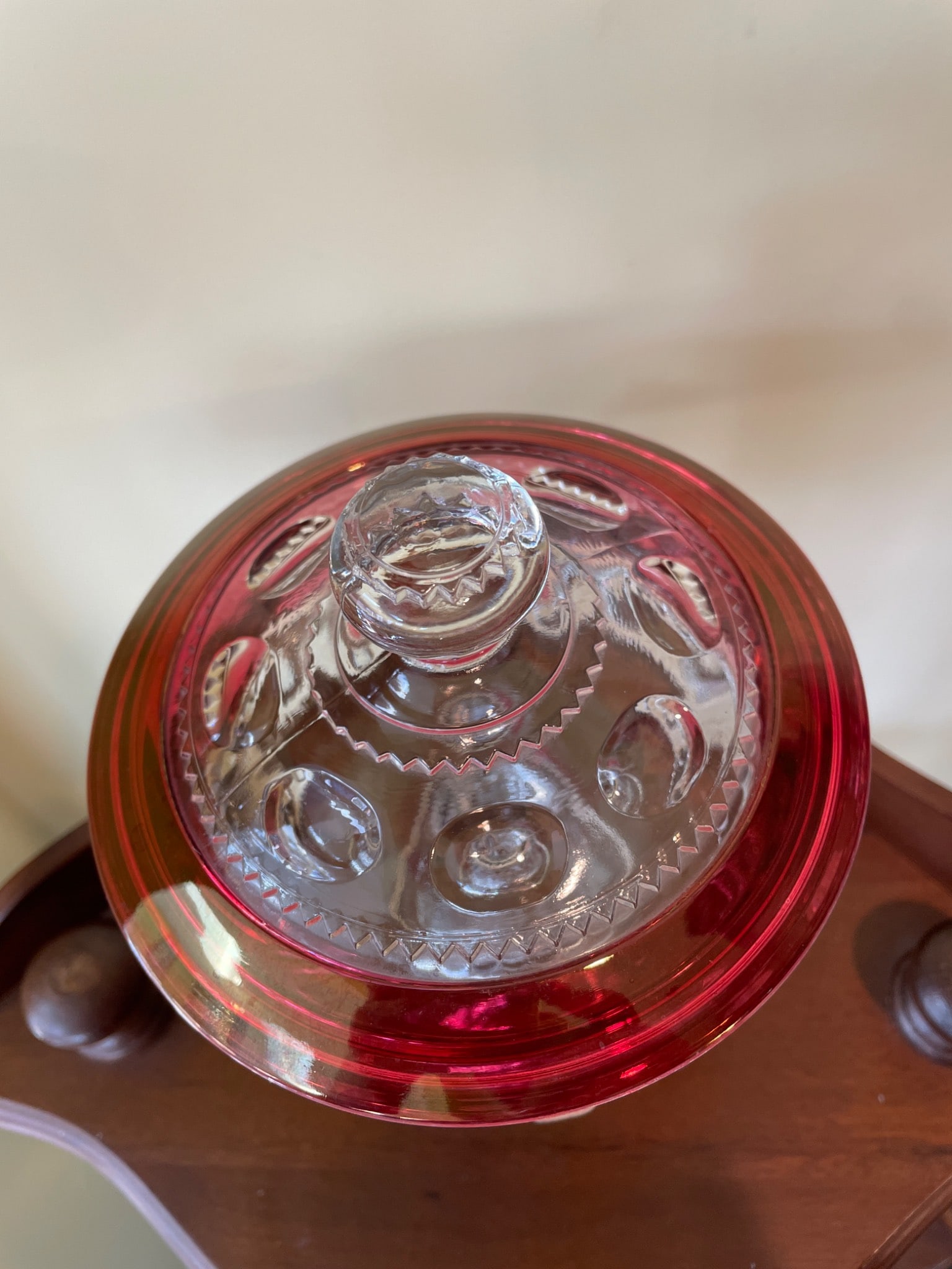 Red and Clear Glass Lidded Pedestal Candy Dish with Decorative Patterns - 5