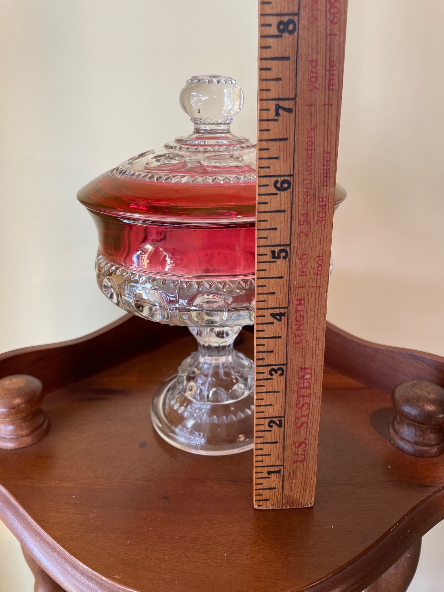 Red and Clear Glass Lidded Pedestal Candy Dish with Decorative Patterns - 6