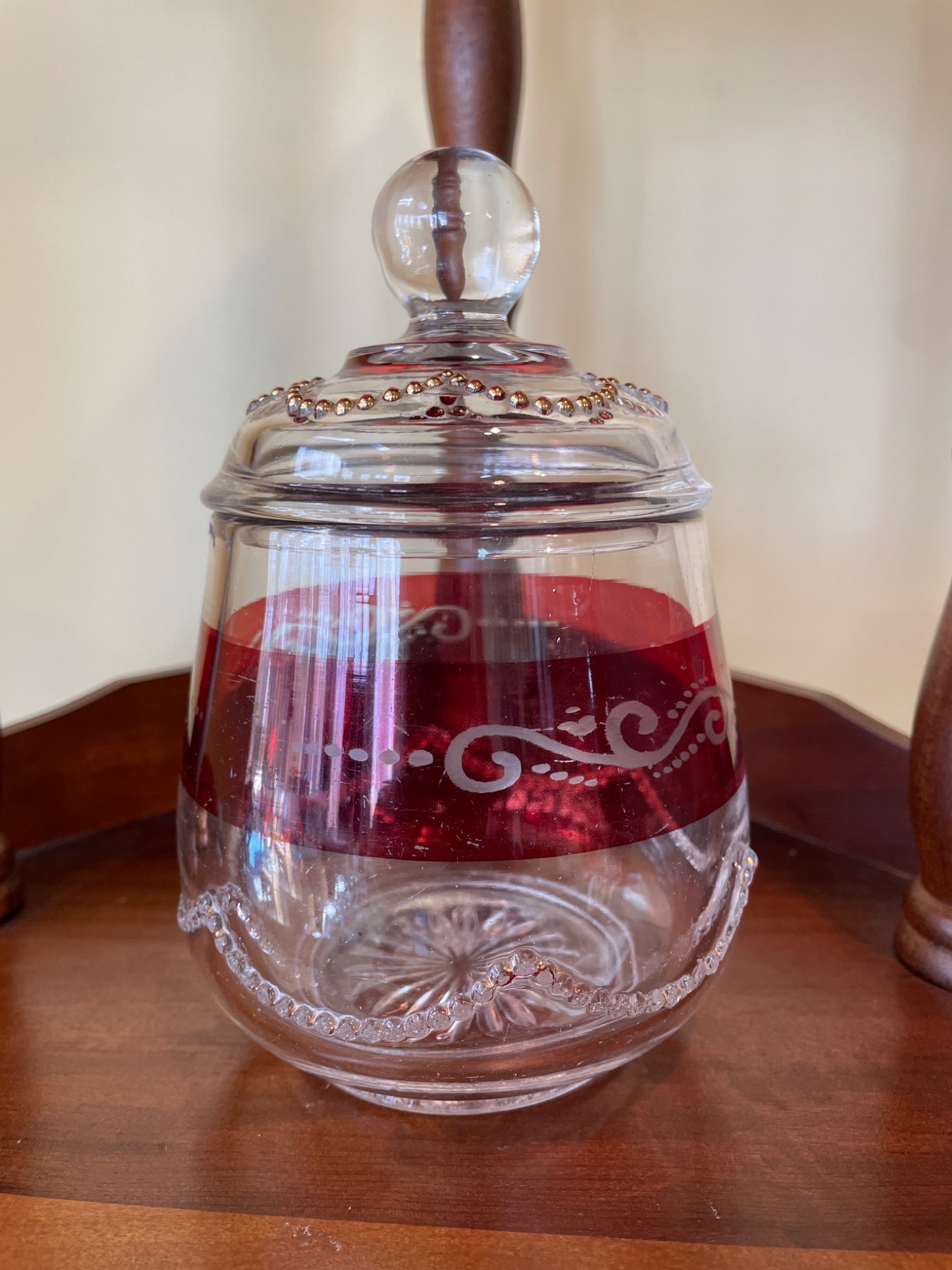 Clear Glass Jar with Lid, Red Band, and Decorative Beading - 2