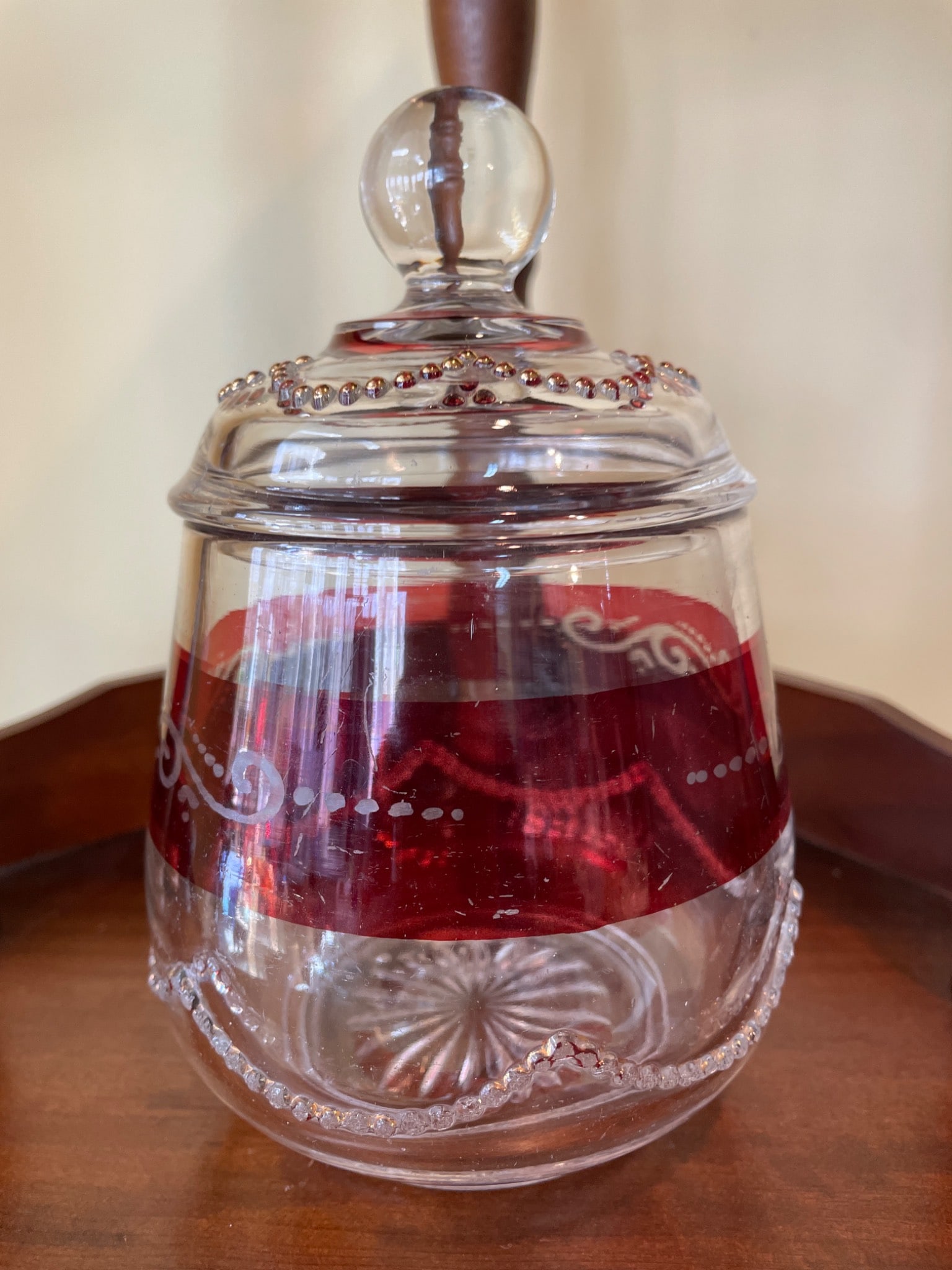 Clear Glass Jar with Lid, Red Band, and Decorative Beading - 3
