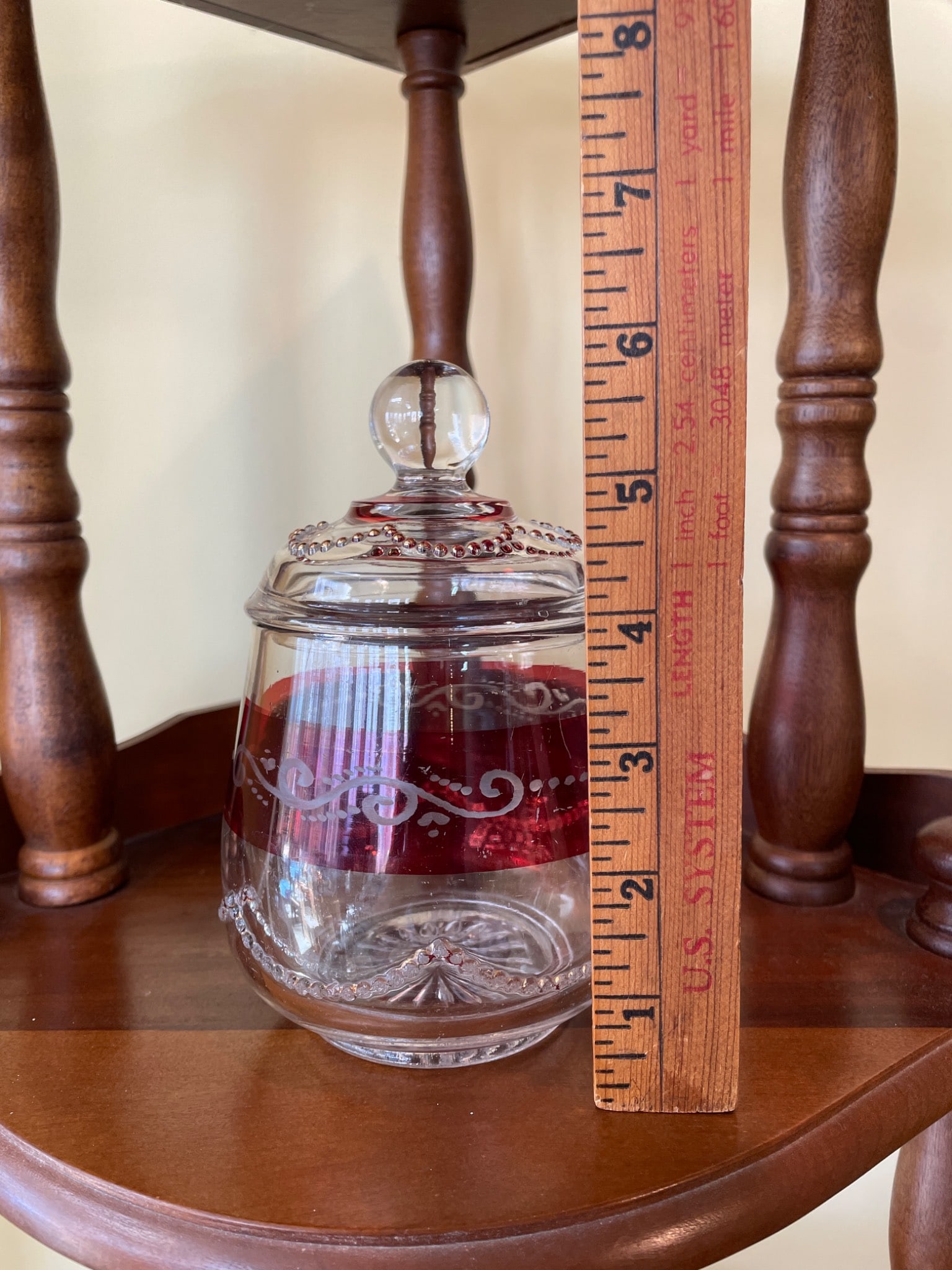 Clear Glass Jar with Lid, Red Band, and Decorative Beading - 6