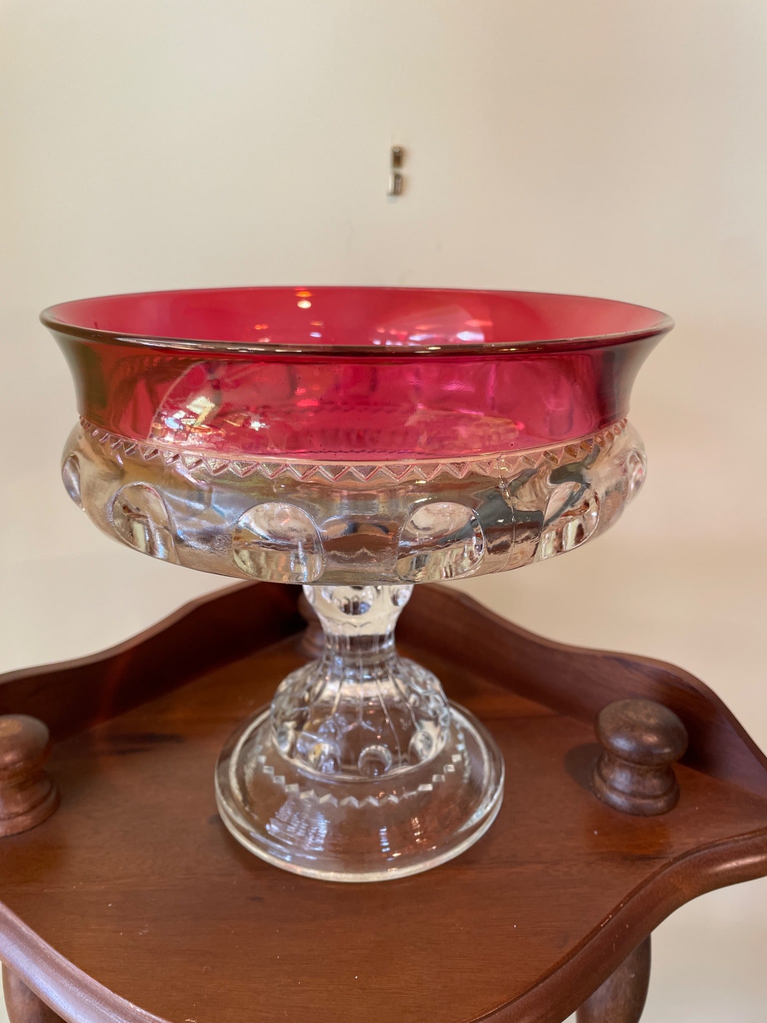 Ruby-Trimmed Glass Pedestal Bowl With Pressed Design - 2