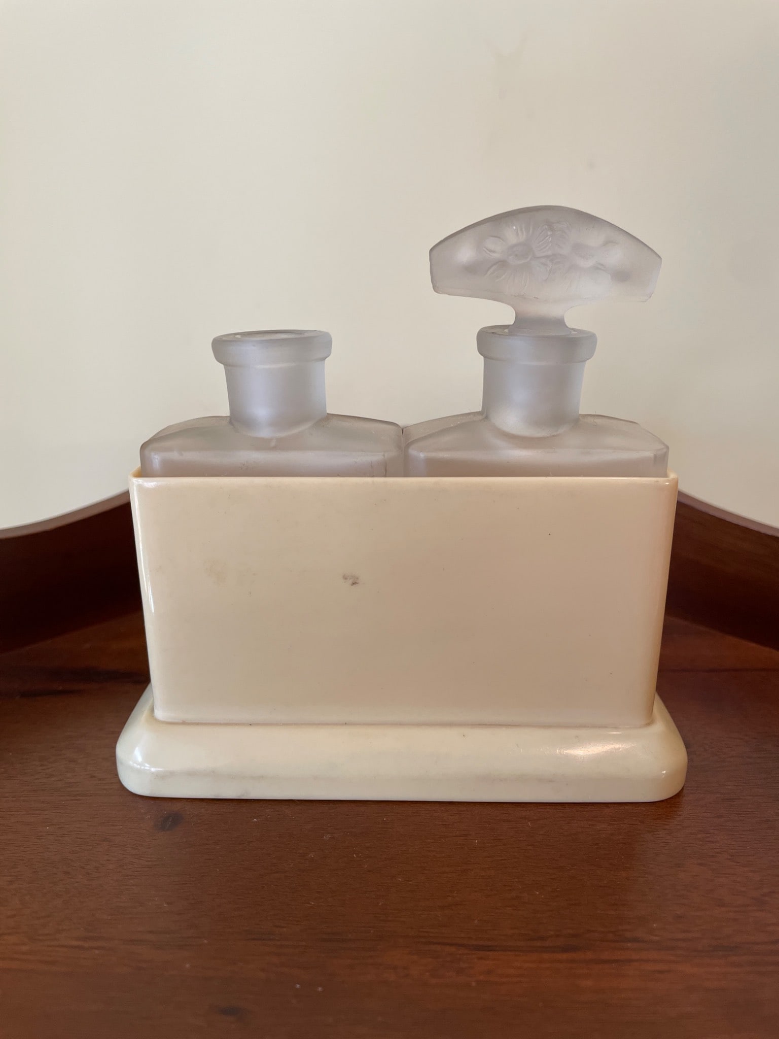 Frosted Glass Double Inkwell with Ivory-Colored Holder - 3