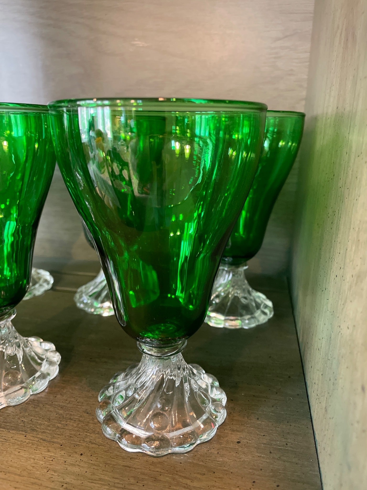 9 Green Glass Stemmed Goblets and Dessert Glasses with Clear Bases - 2