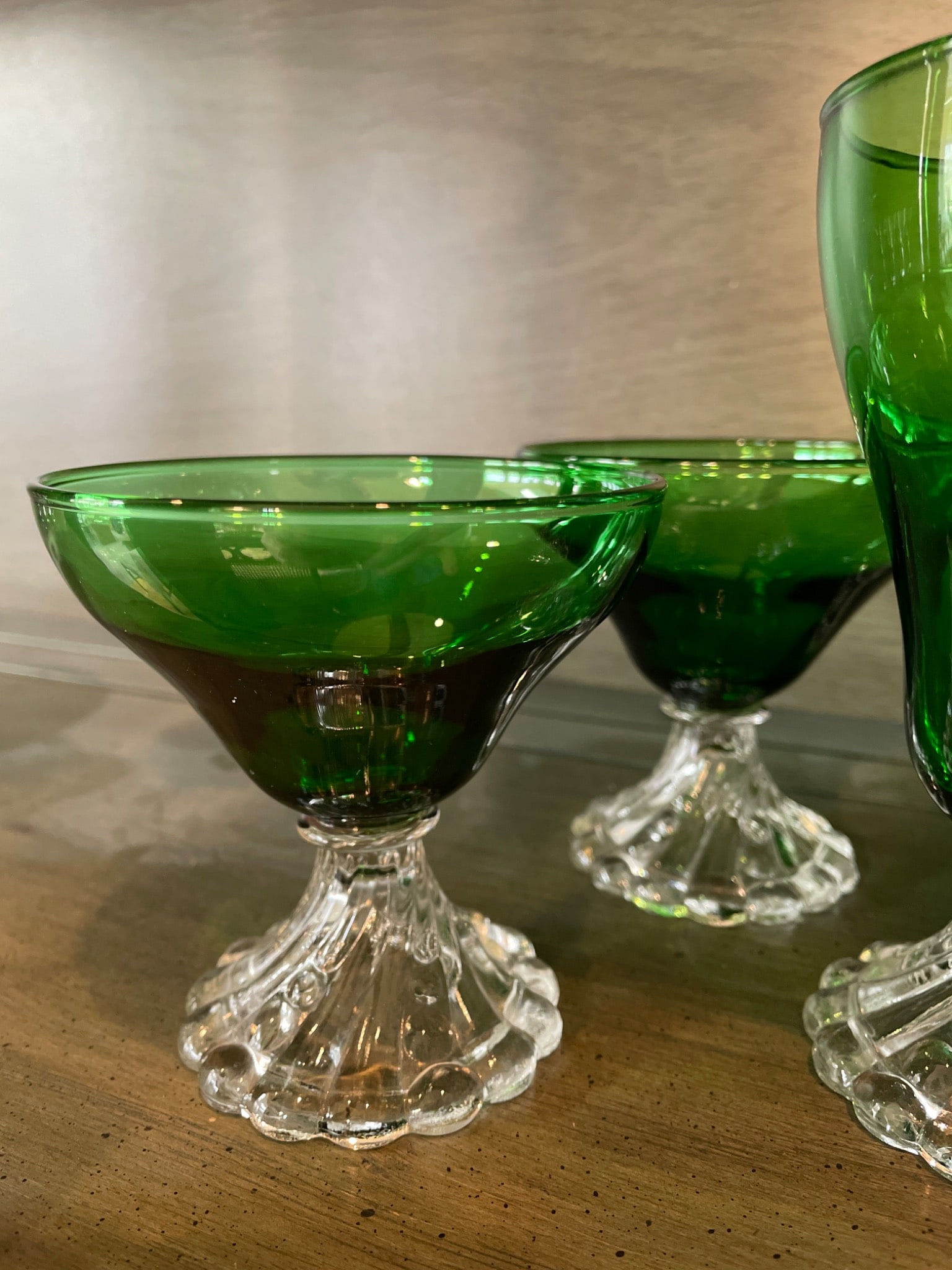 9 Green Glass Stemmed Goblets and Dessert Glasses with Clear Bases - 3