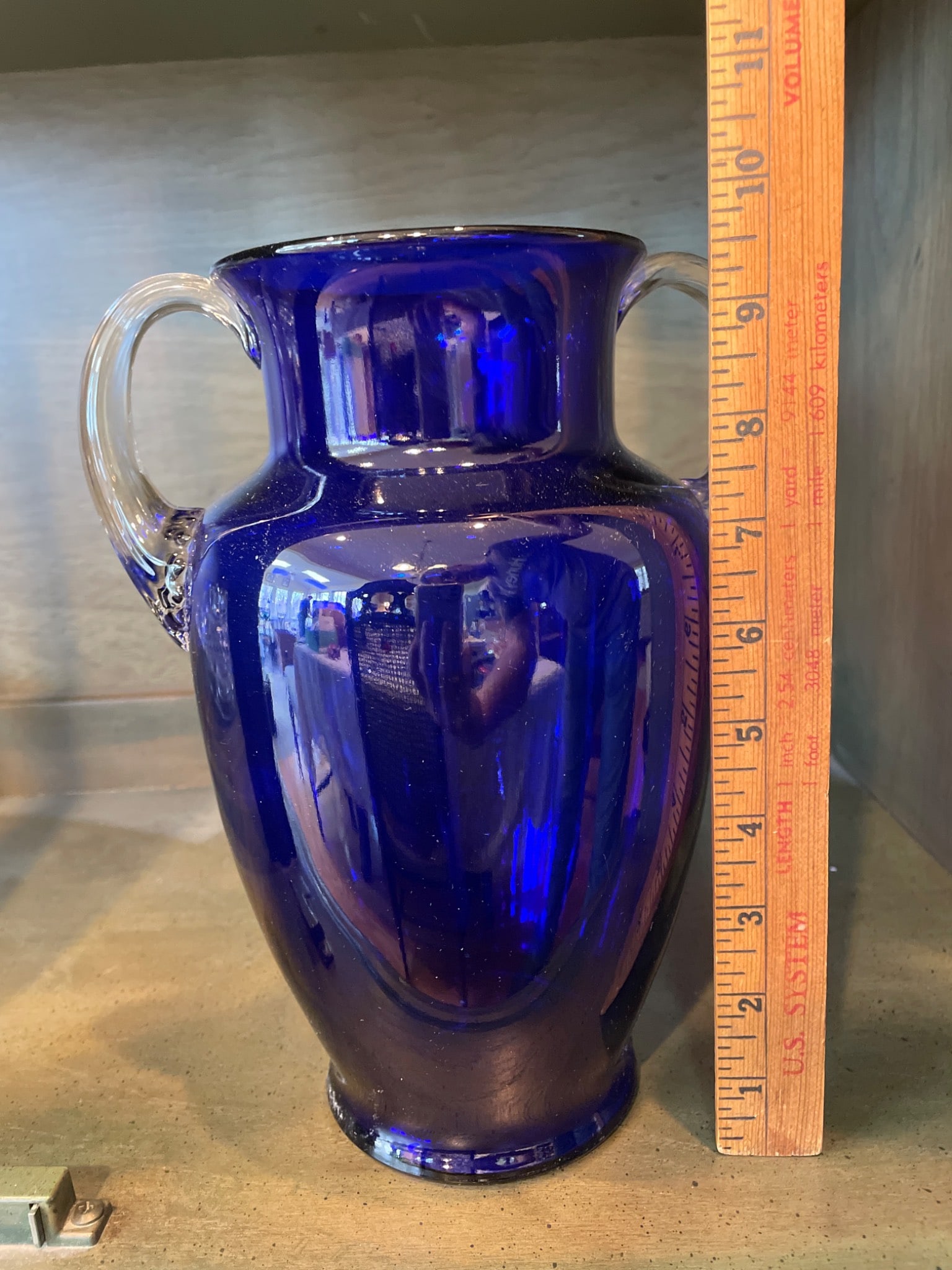 Blue Glass Vase With Clear Handles, Approximately 11 Inches Tall - 6