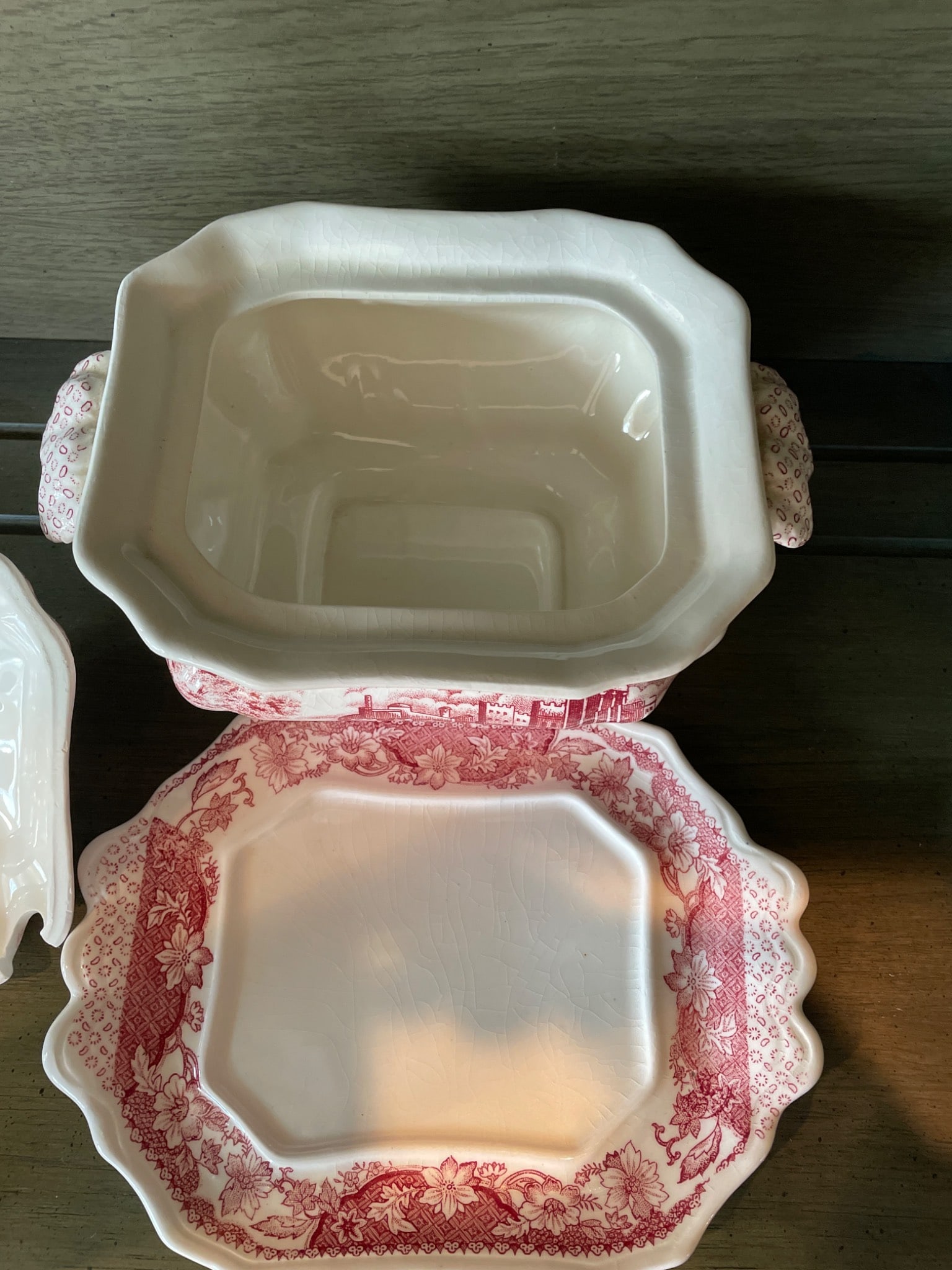 Red Transferware Tureen with Underplate and Lid, Partial Marks Visible - 2