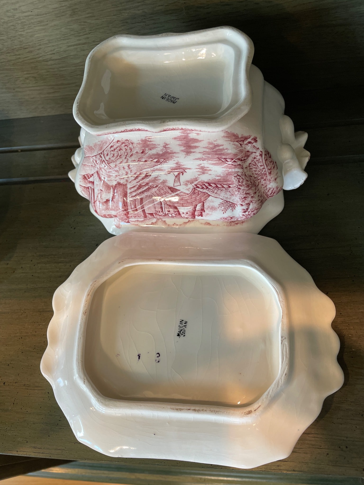 Red Transferware Tureen with Underplate and Lid, Partial Marks Visible - 3