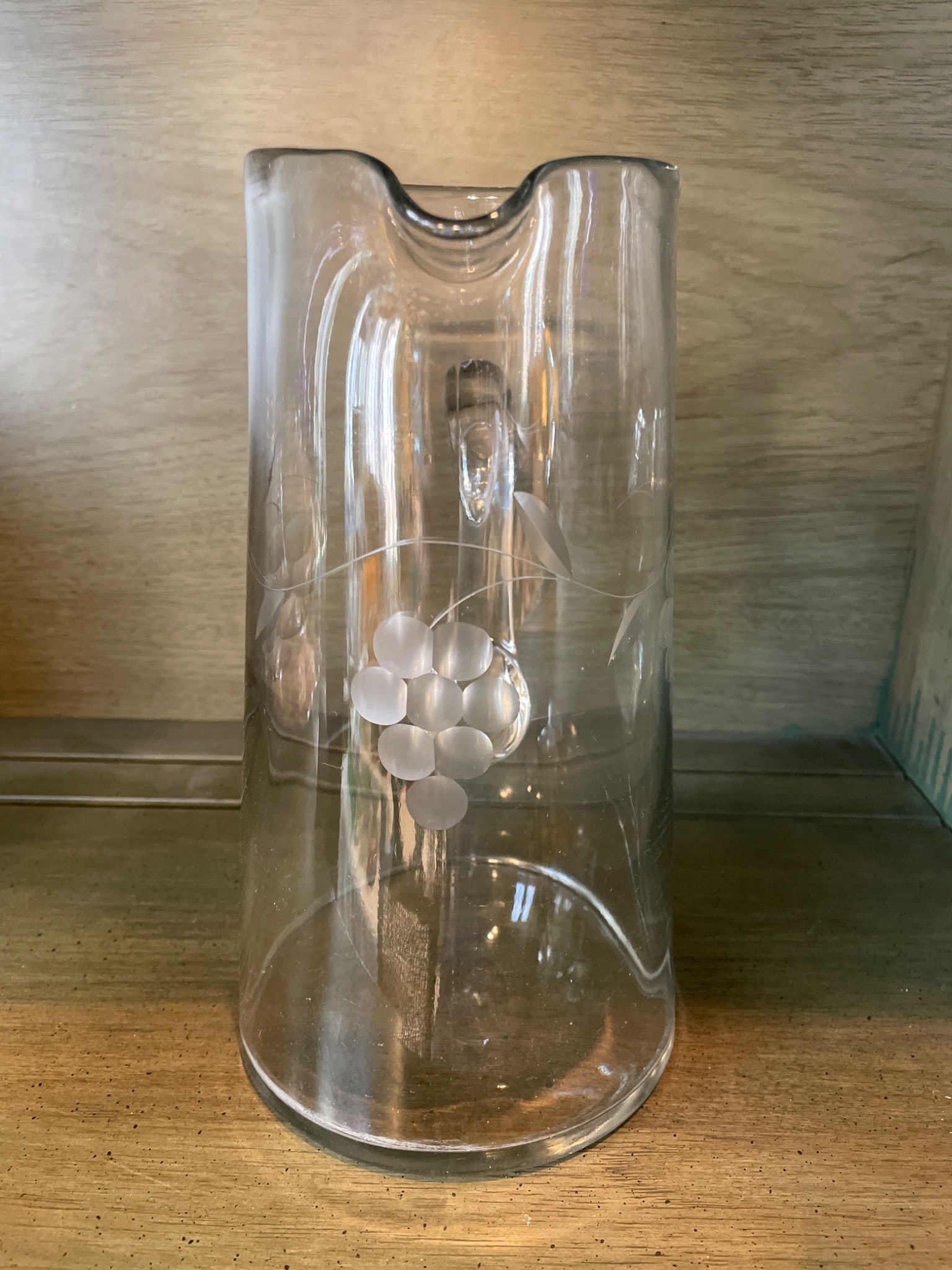 Clear Glass Pitcher With Etched Grape Design and Attached Handle - 2