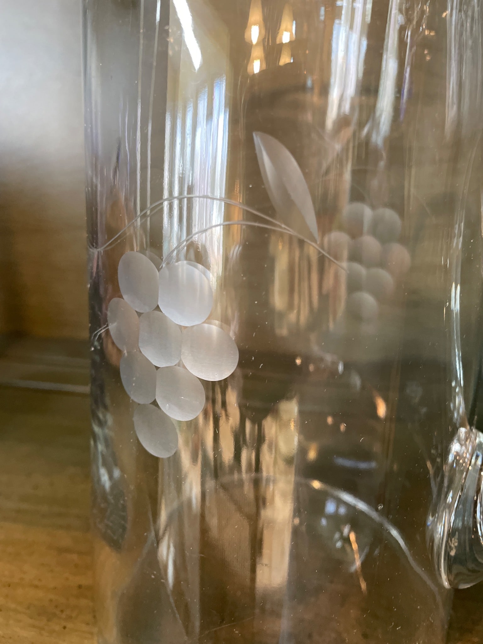 Clear Glass Pitcher With Etched Grape Design and Attached Handle - 3