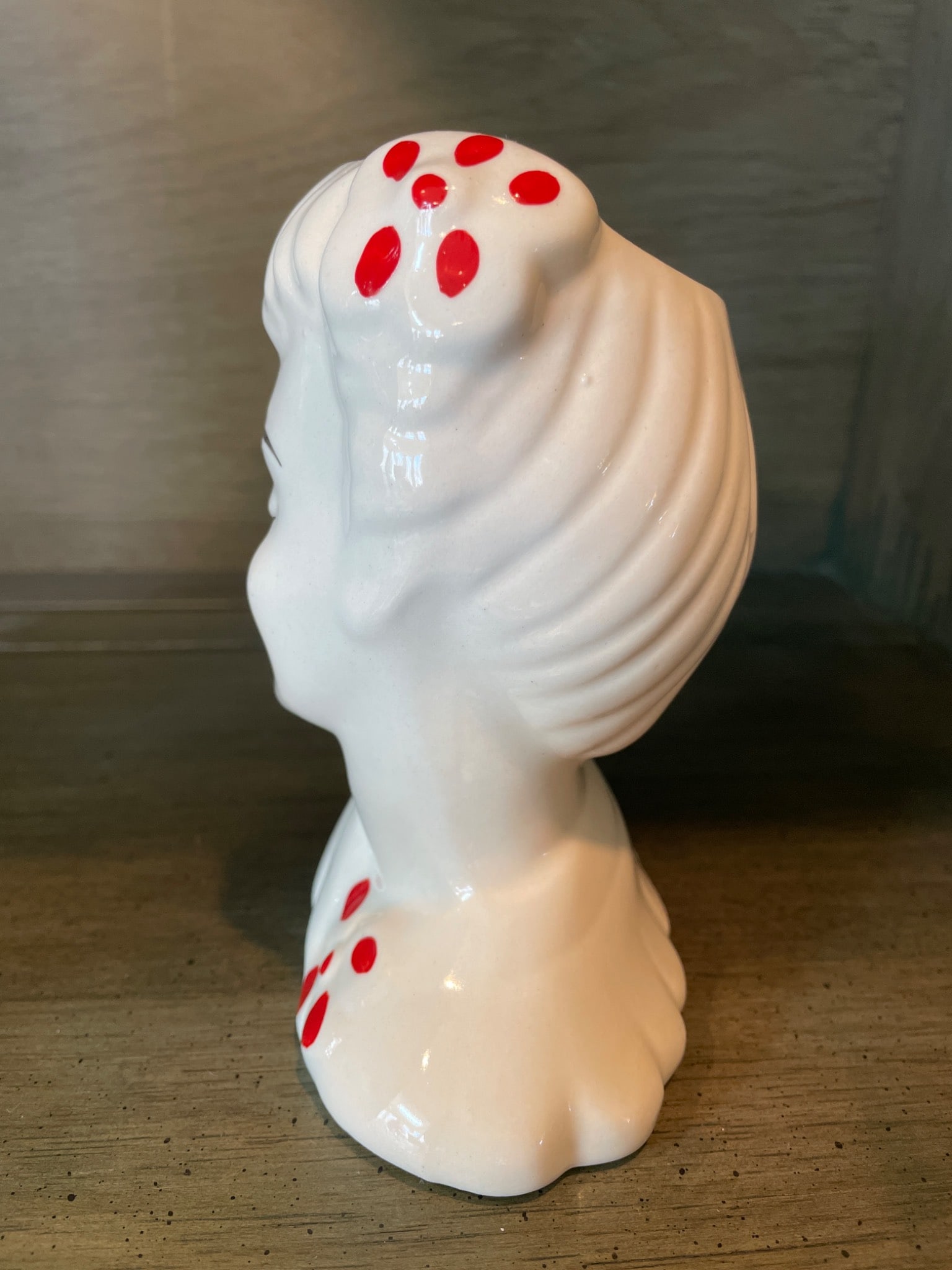 Ceramic Head Vase in Lady Design with Red Polka Dot Accents - 4