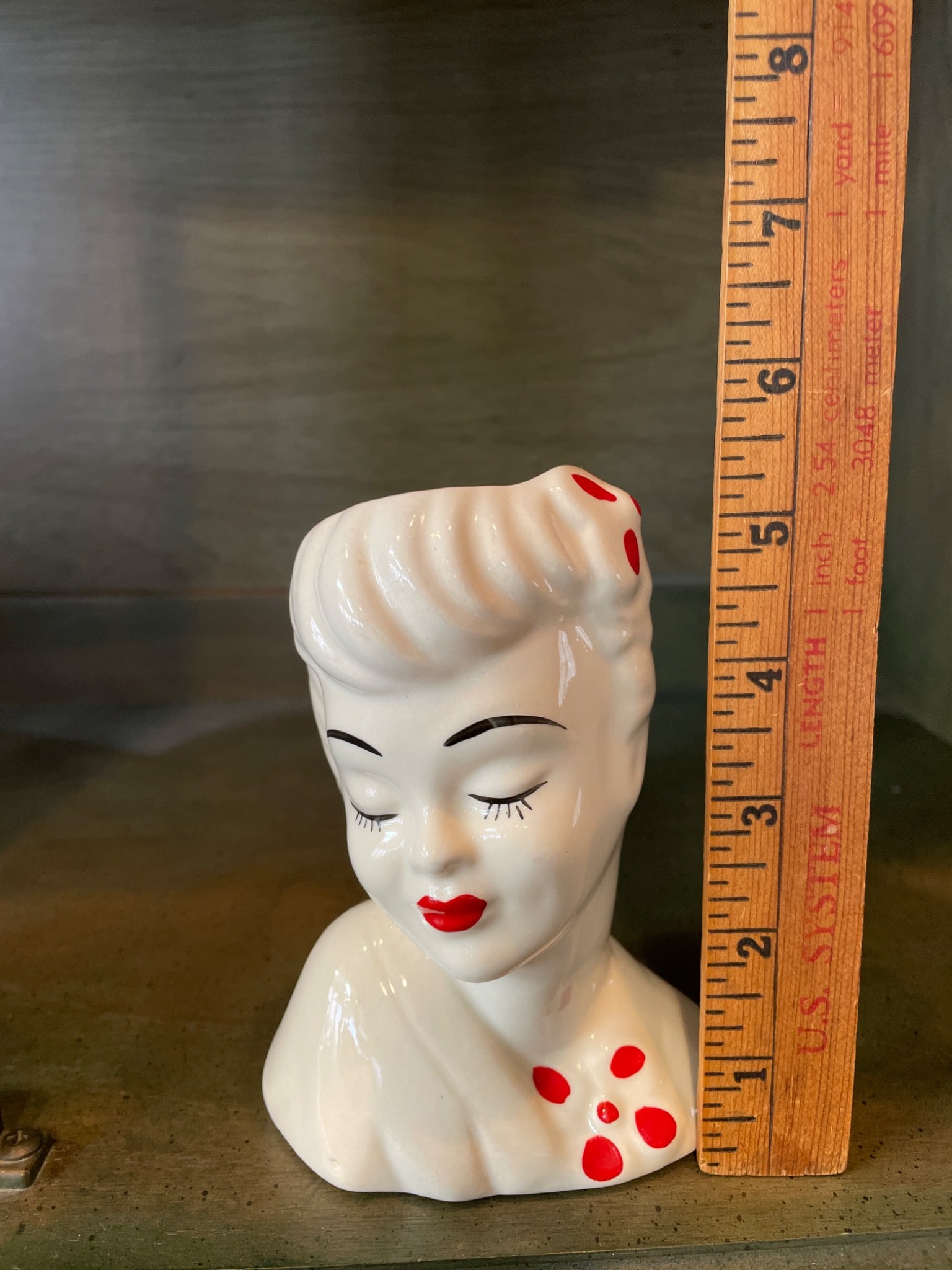 Ceramic Head Vase in Lady Design with Red Polka Dot Accents - 6