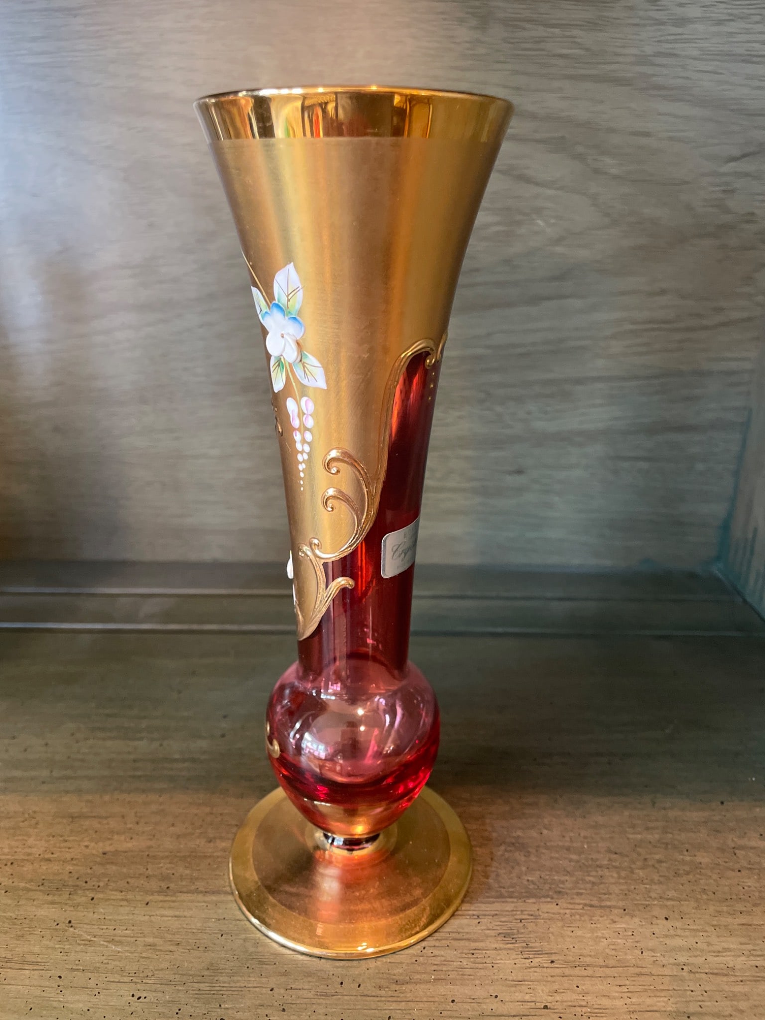 Gold and Red Crystal Vase with Enamel Flower Decoration, Approximately 10 inches Tall - 2
