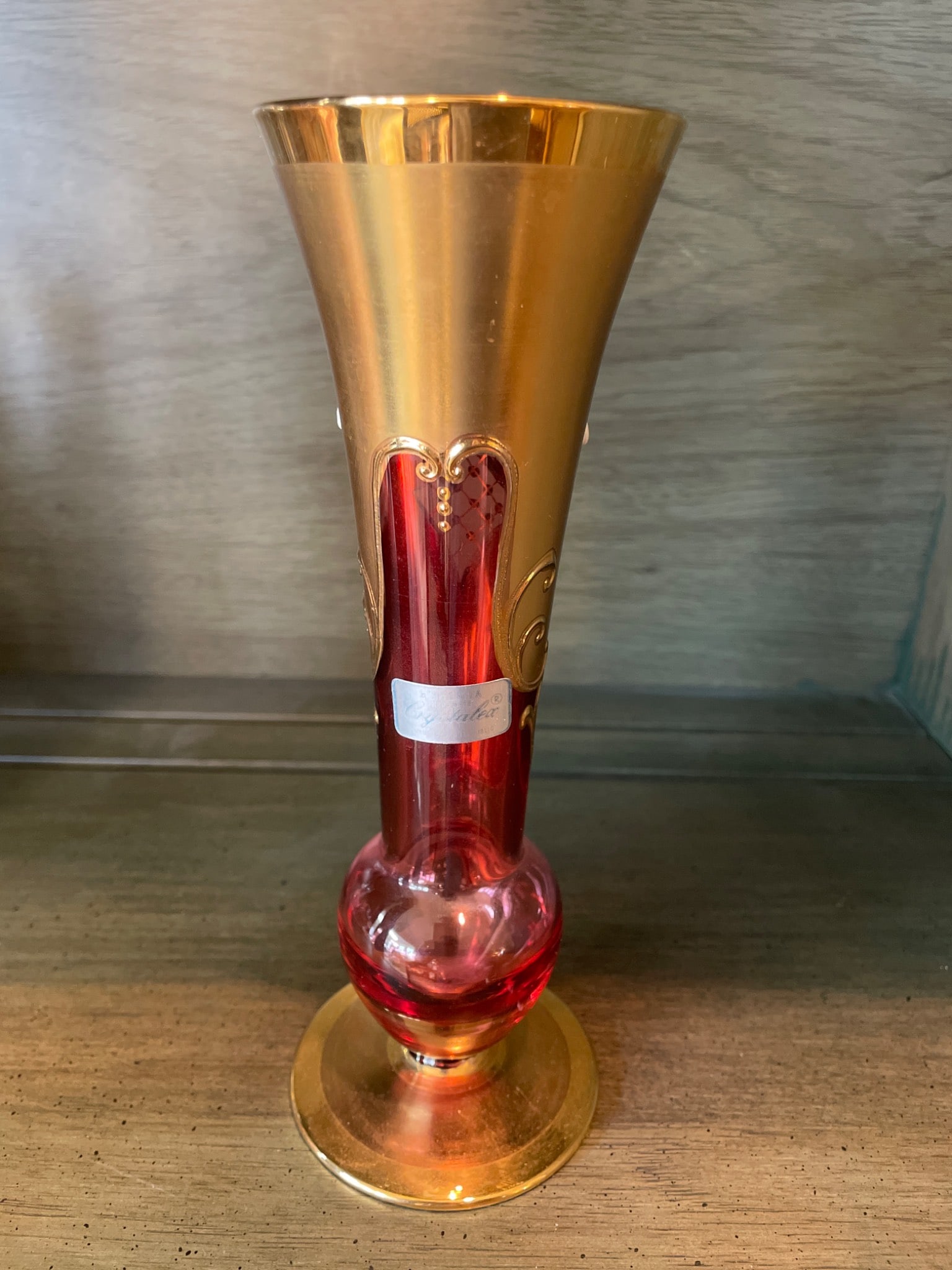 Gold and Red Crystal Vase with Enamel Flower Decoration, Approximately 10 inches Tall - 3