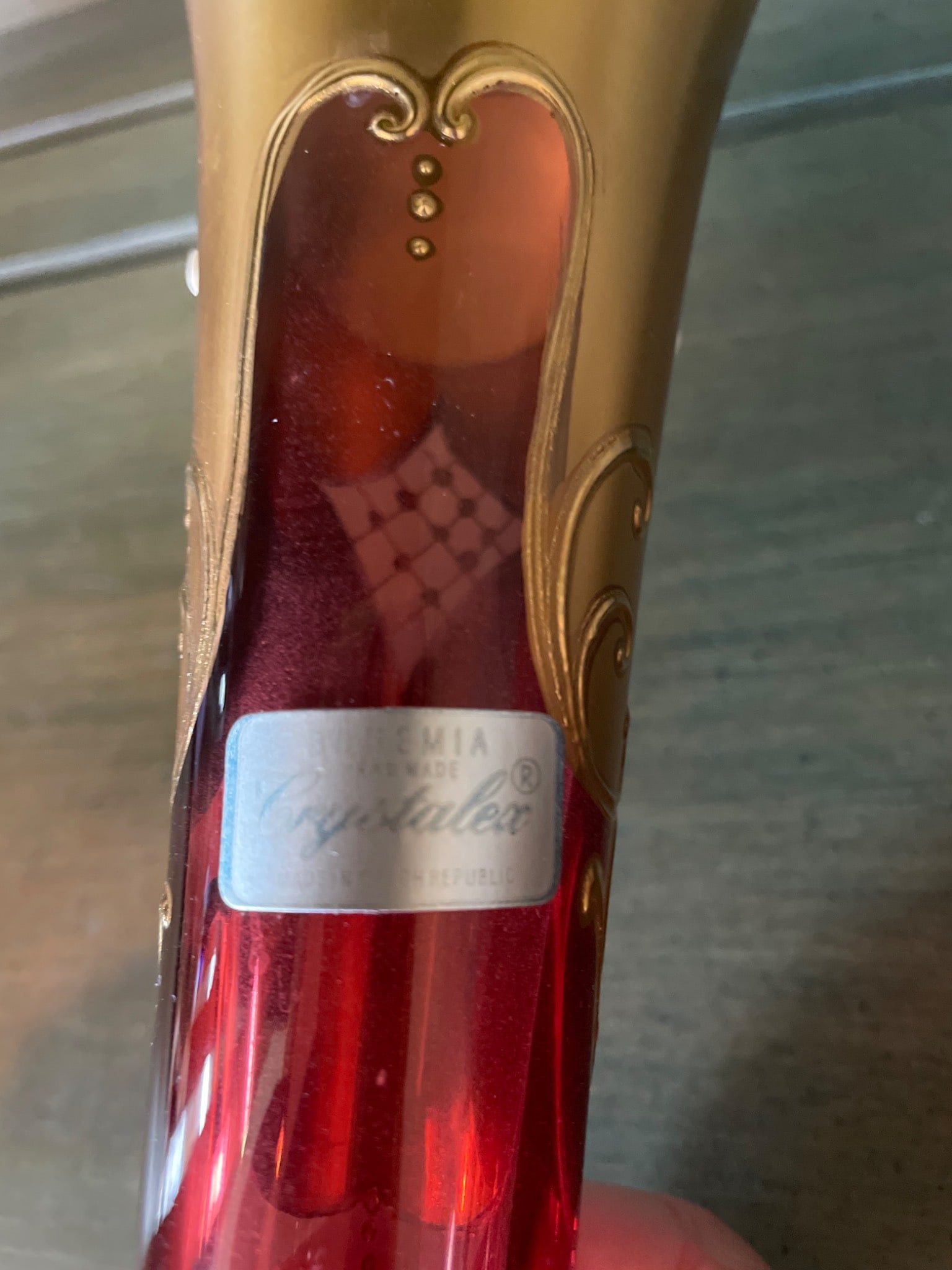 Gold and Red Crystal Vase with Enamel Flower Decoration, Approximately 10 inches Tall - 4