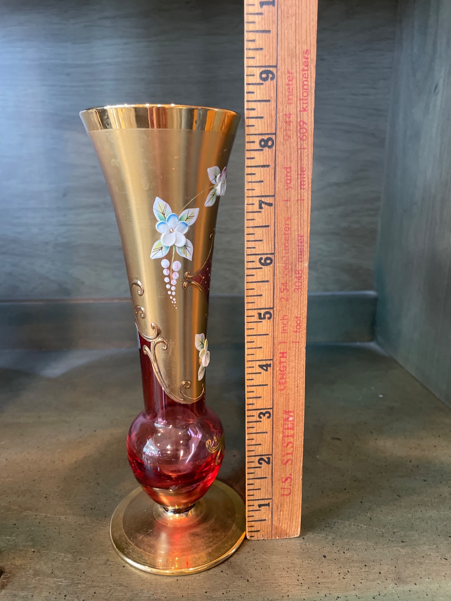 Gold and Red Crystal Vase with Enamel Flower Decoration, Approximately 10 inches Tall - 6