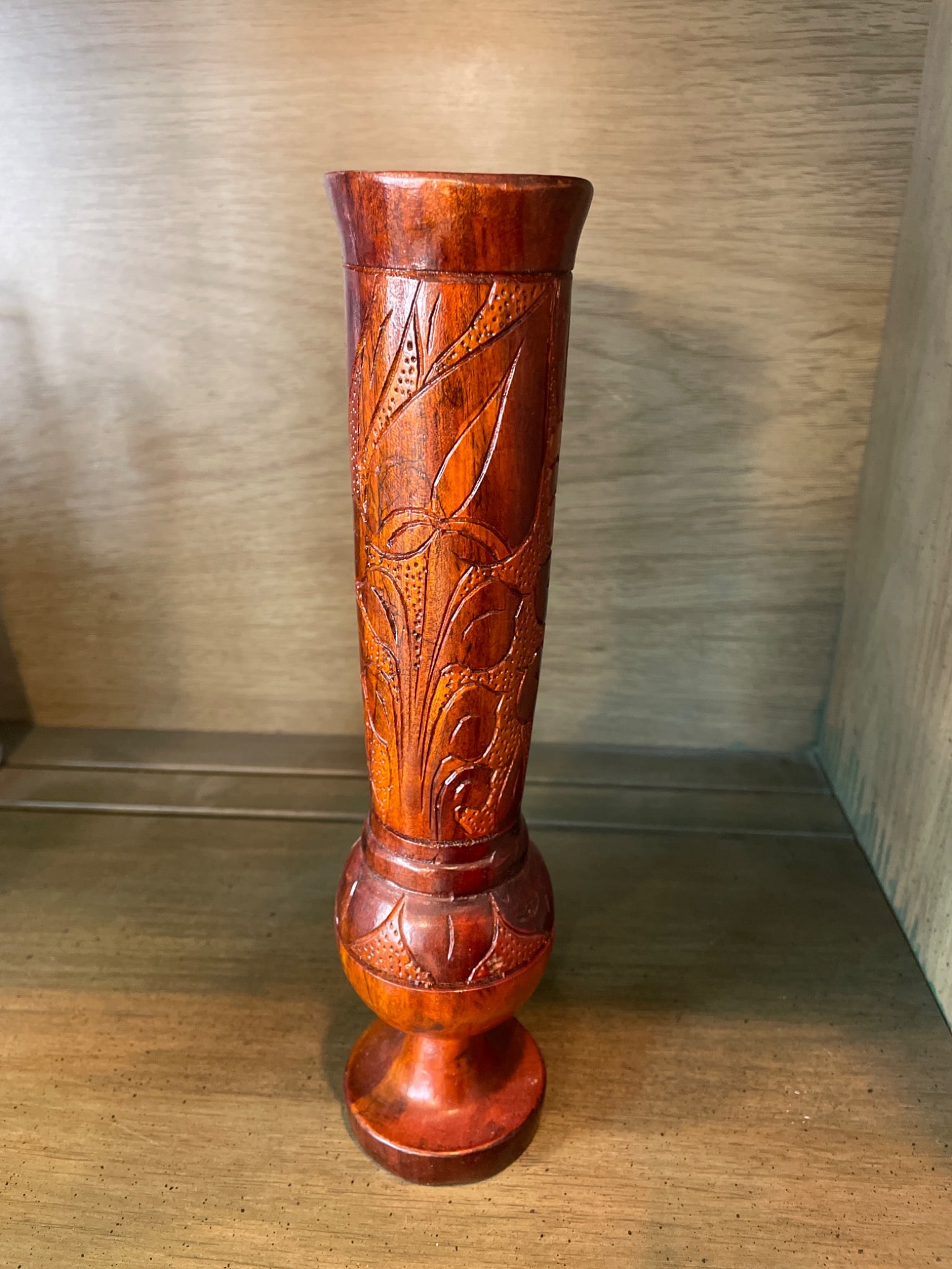 Hand-Carved Wooden Vase with Floral Design, Approximately 10 Inches Tall - 2