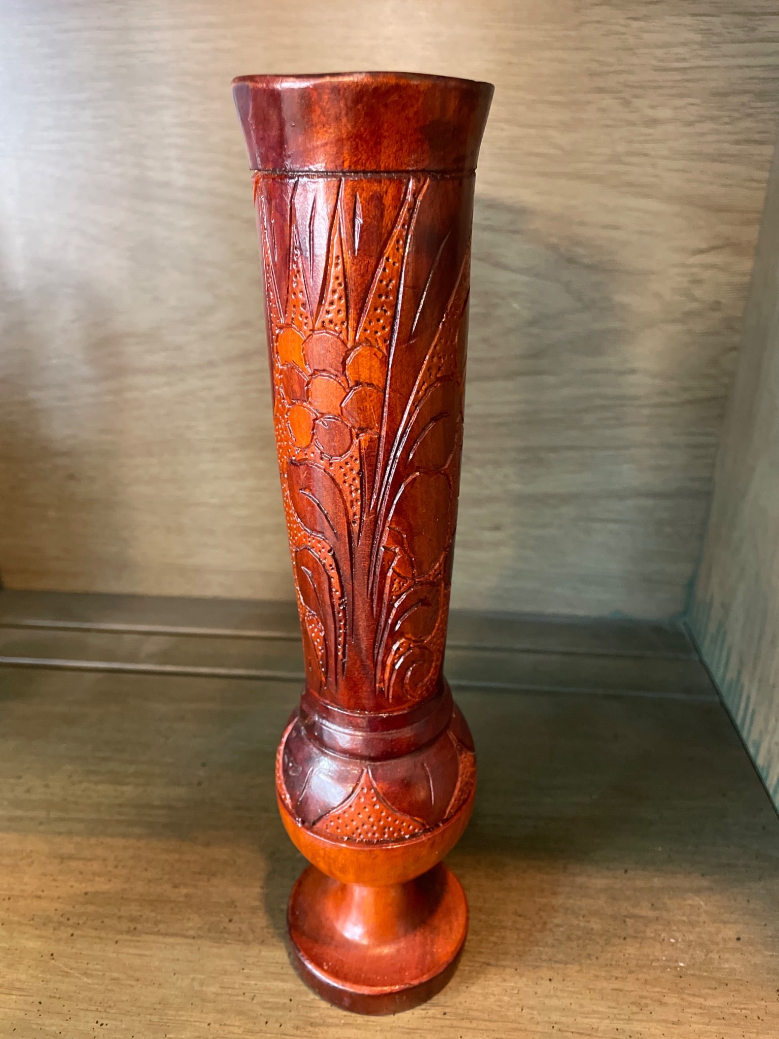 Hand-Carved Wooden Vase with Floral Design, Approximately 10 Inches Tall - 3