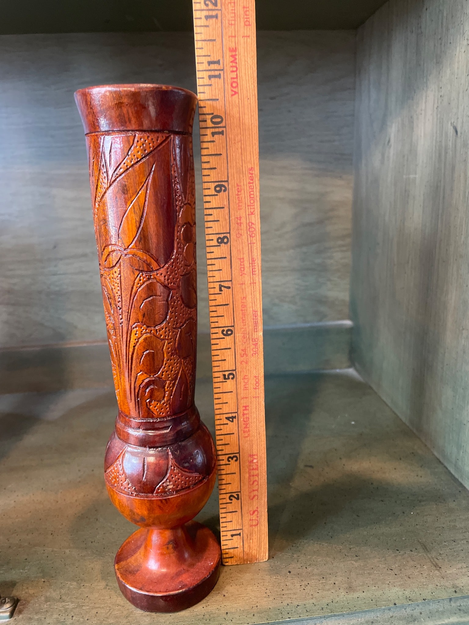Hand-Carved Wooden Vase with Floral Design, Approximately 10 Inches Tall - 5
