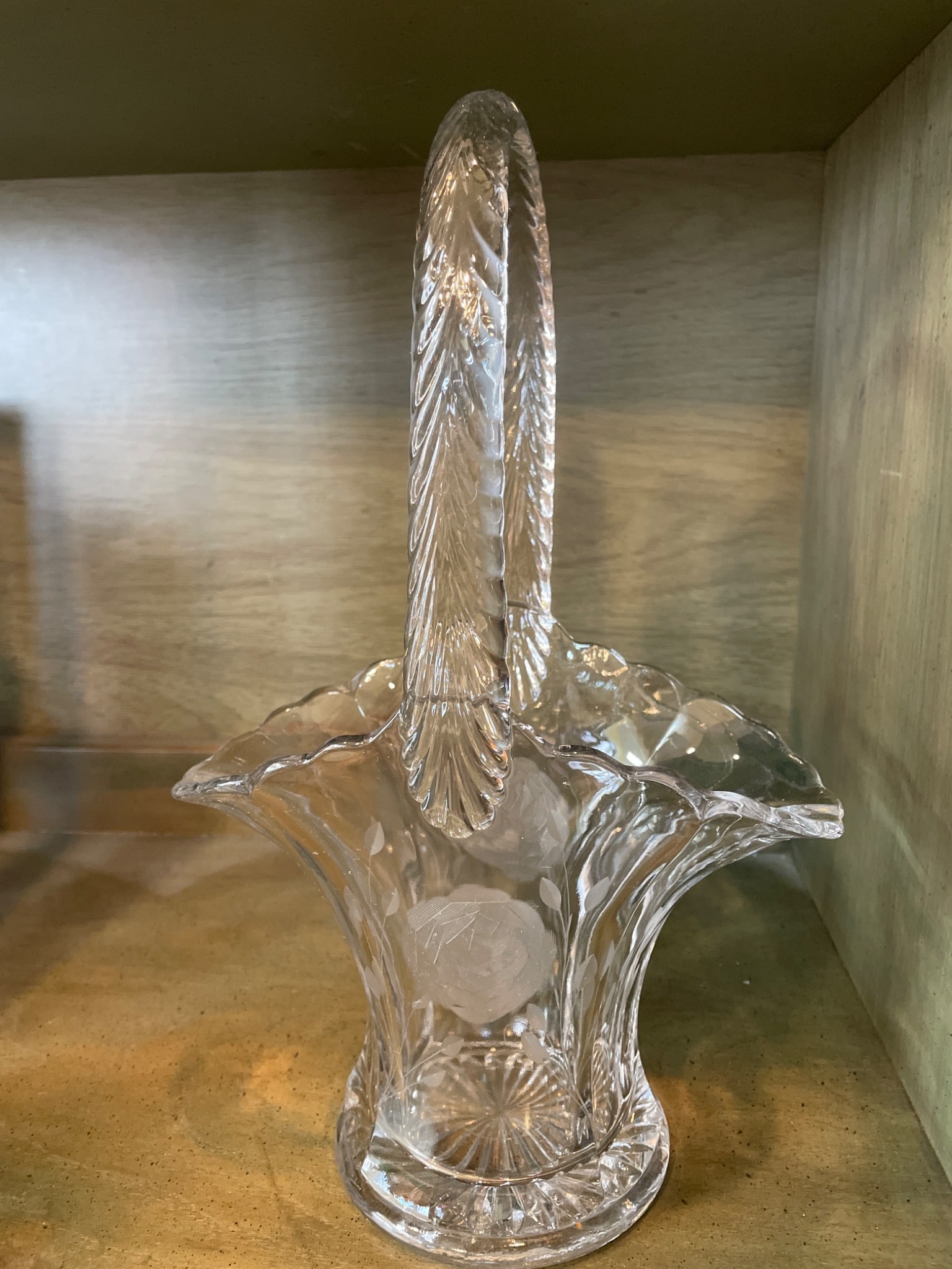 Clear Etched Glass Basket With Handle, Approx. 13 Inches Tall - 2