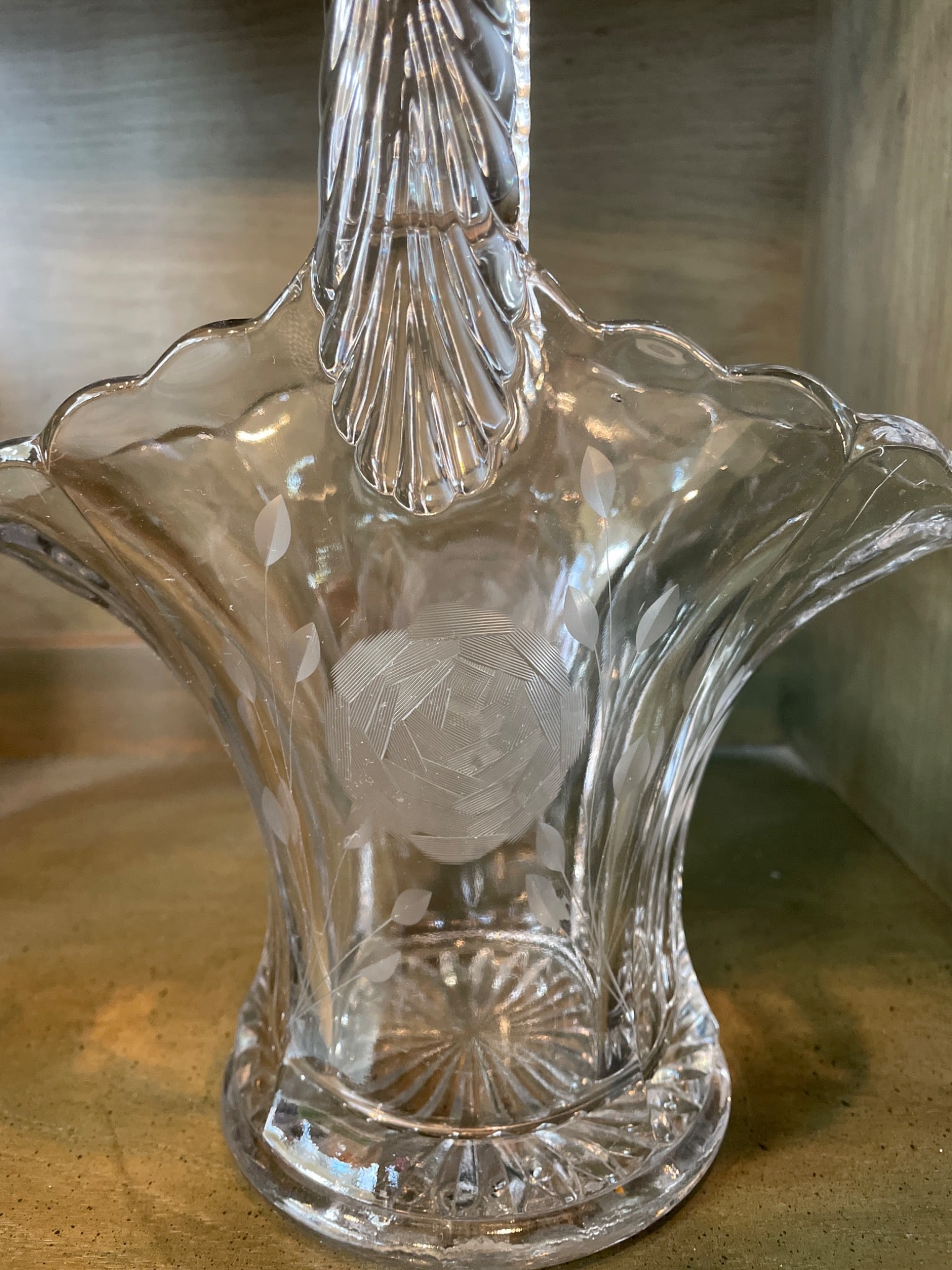 Clear Etched Glass Basket With Handle, Approx. 13 Inches Tall - 3