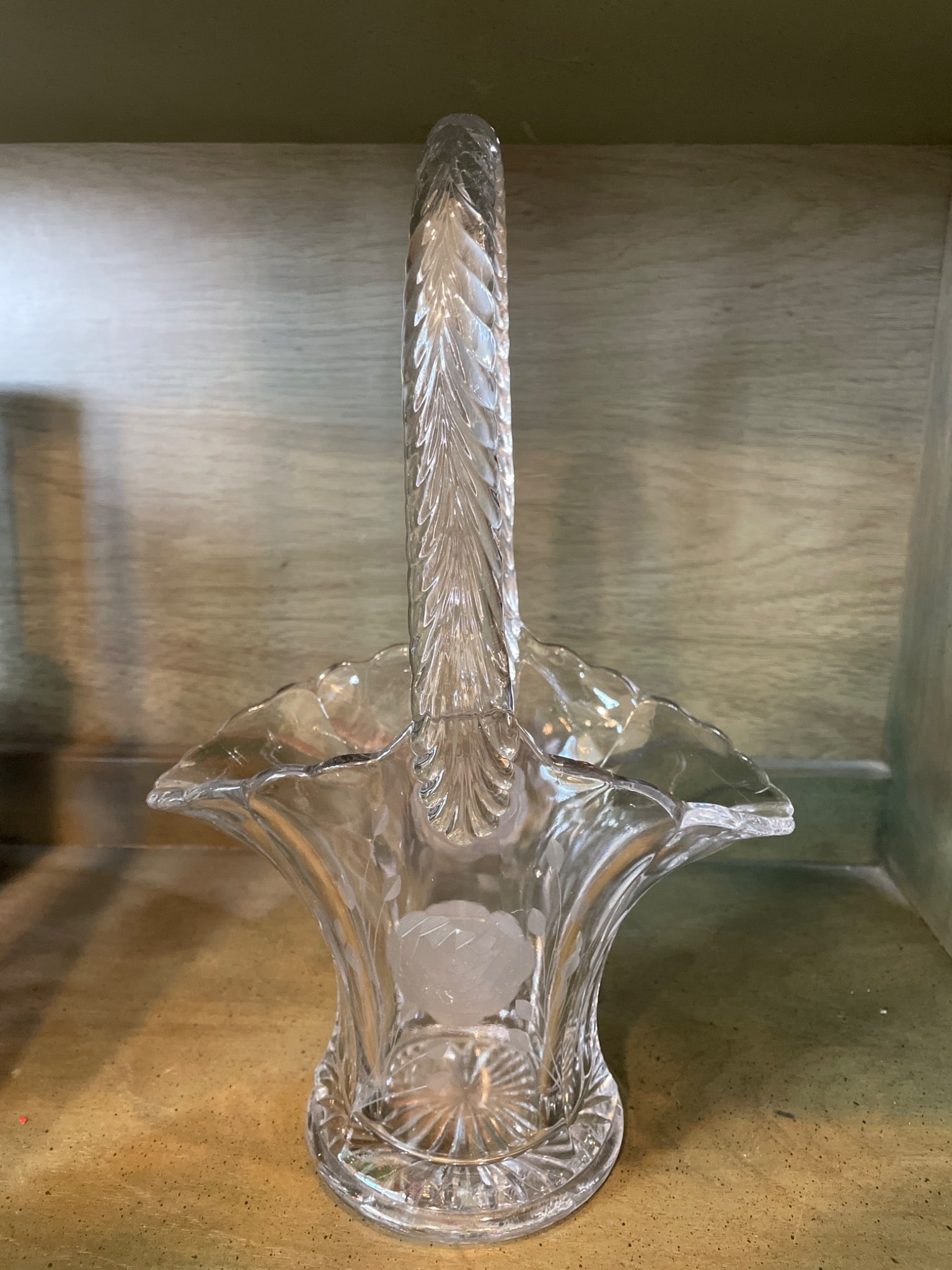 Clear Etched Glass Basket With Handle, Approx. 13 Inches Tall - 6