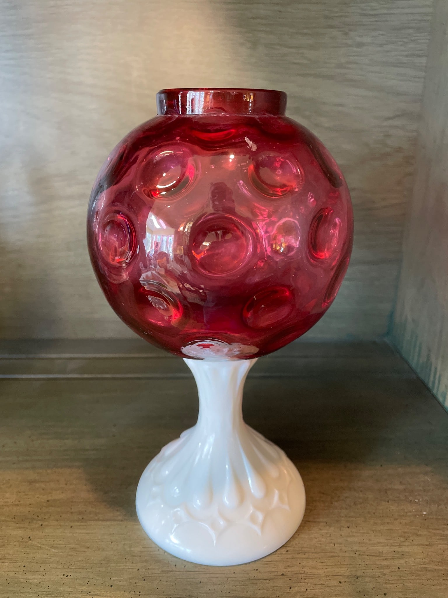 Red Glass Globe with Hobnail Milk Glass Base - 3